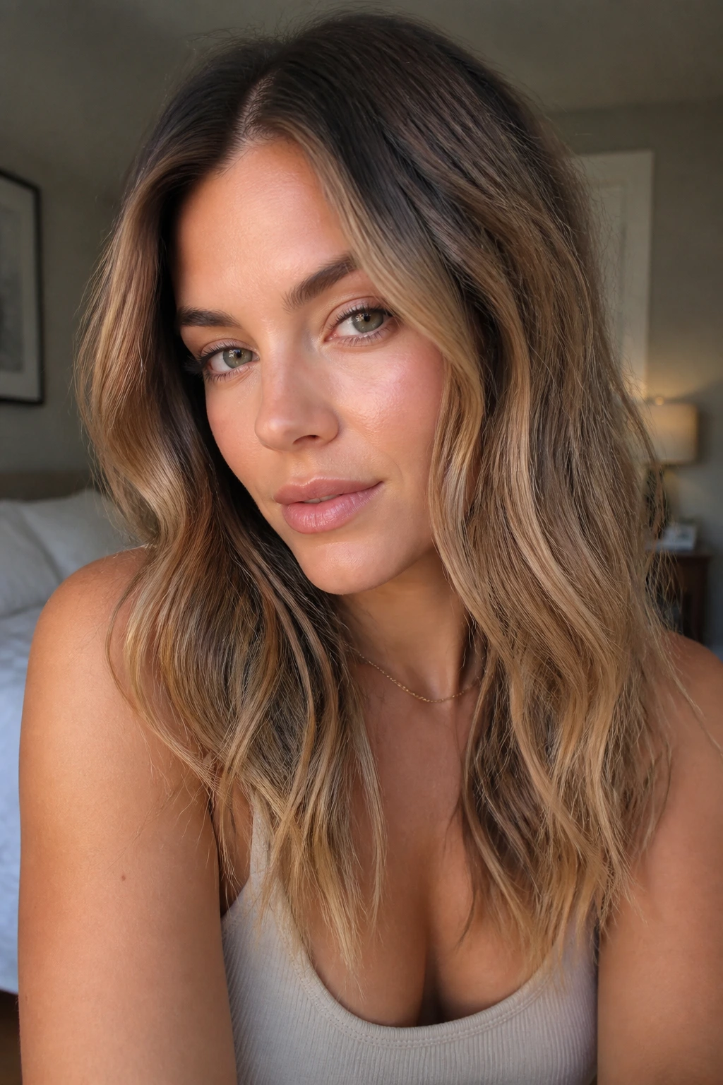 Close-up of rooted honey brown waves with a lived-in finish on a real person, warm window light.