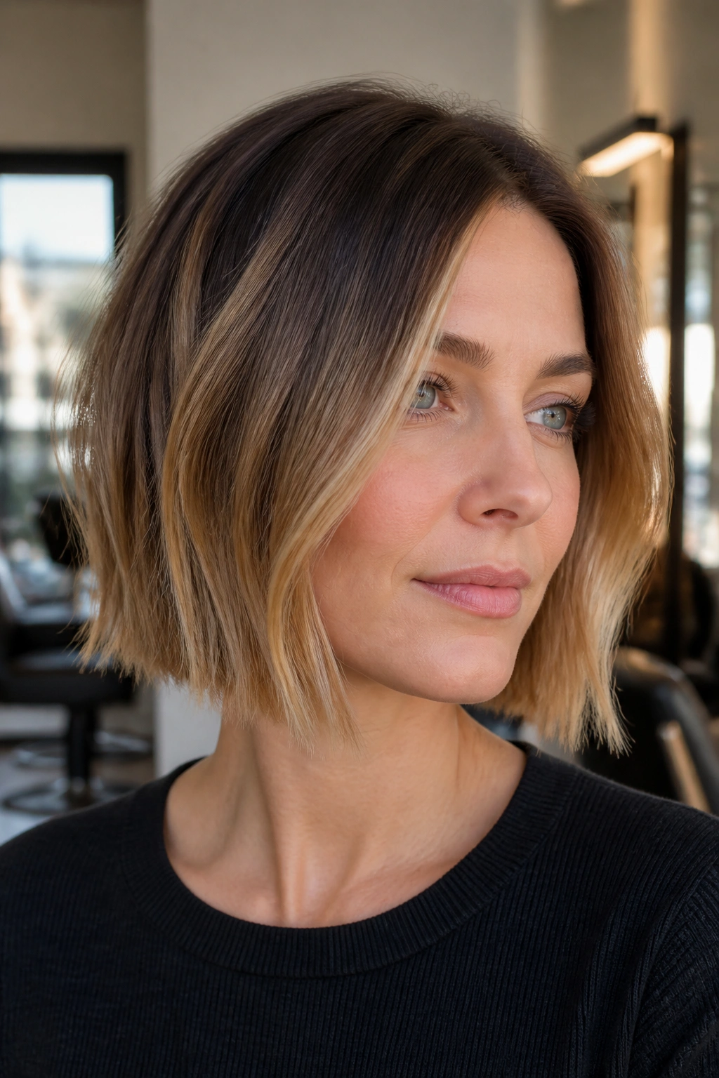 Portrait of a real person with a rooted honey caramel bob hairstyle