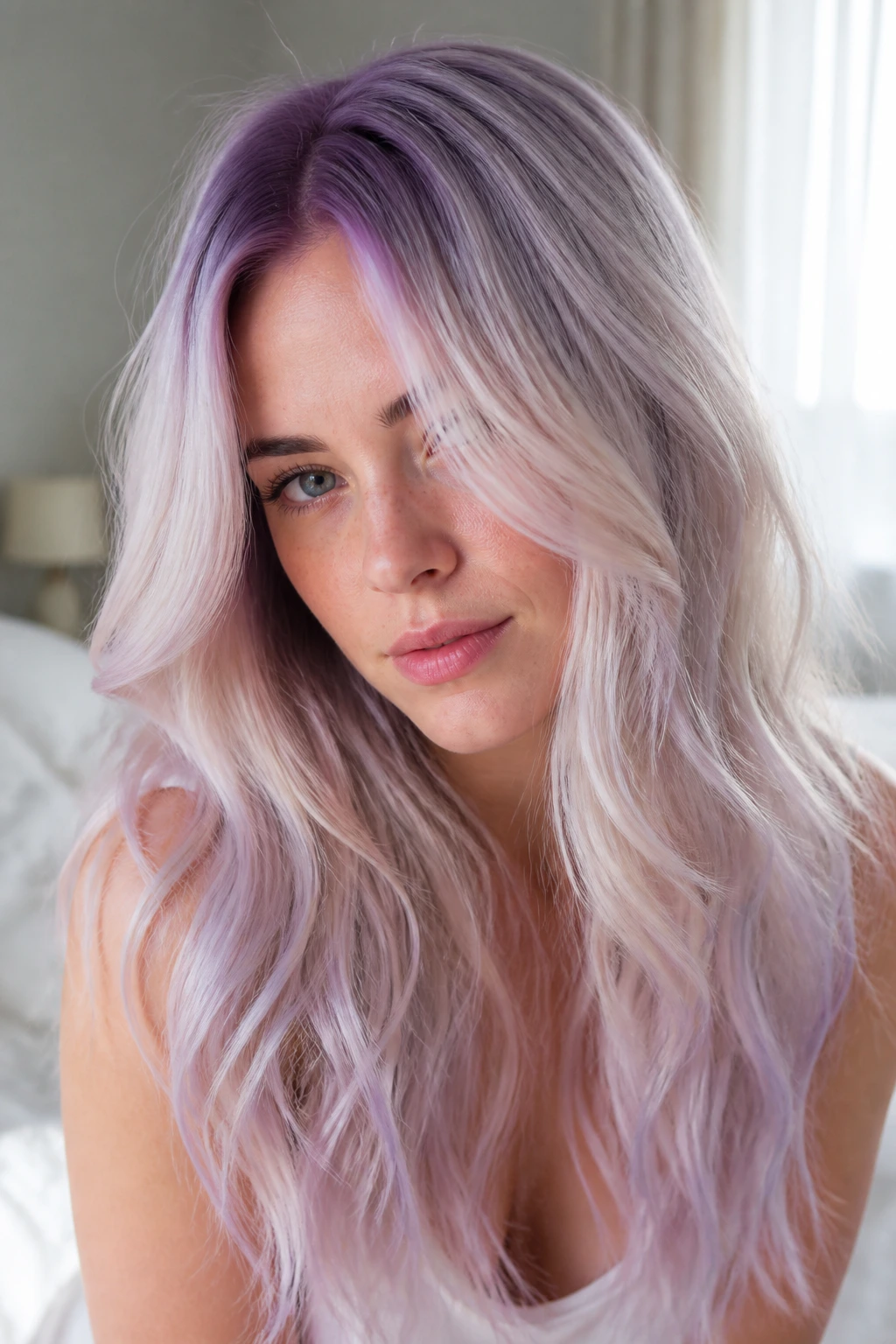 Close-up portrait of a blonde with rooted lilac and pale lilac ends
