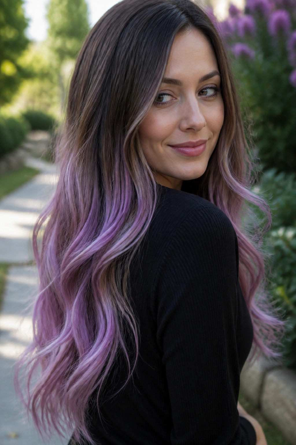 Portrait of a real woman with long brown hair showing a rooted lilac ombre from dark roots to lilac ends