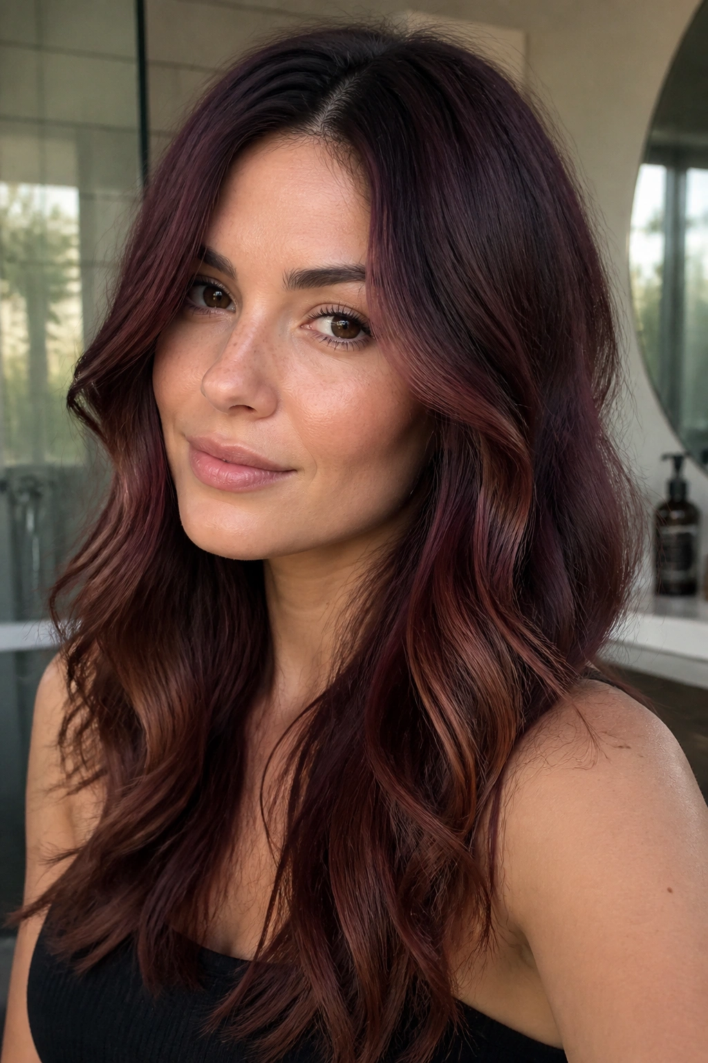 Real woman with rooted mahogany melt hair color