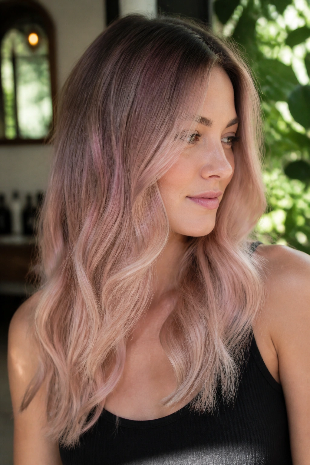 Medium close-up of a real person with rooted rose blonde melt showing darker roots and rose mids