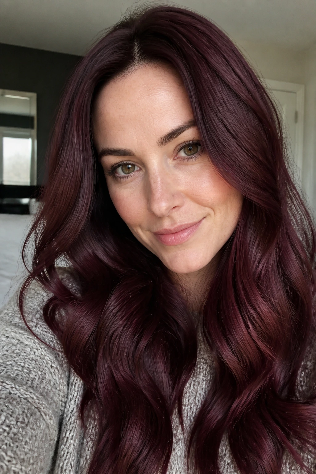 Close-up of a real person with rooted merlot brown hair