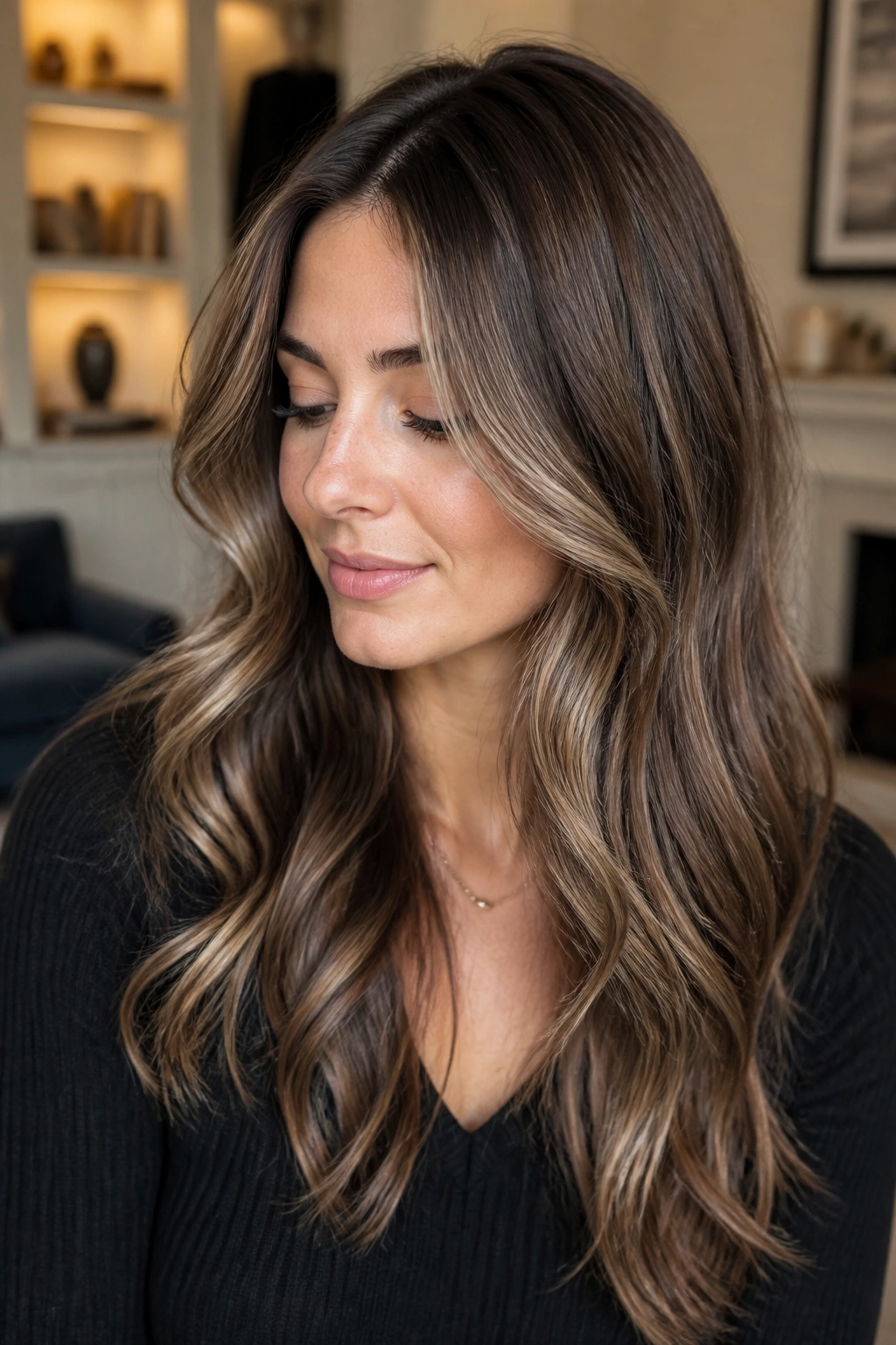 Close-up of a real woman with rooted mocha and face-framing ribbons