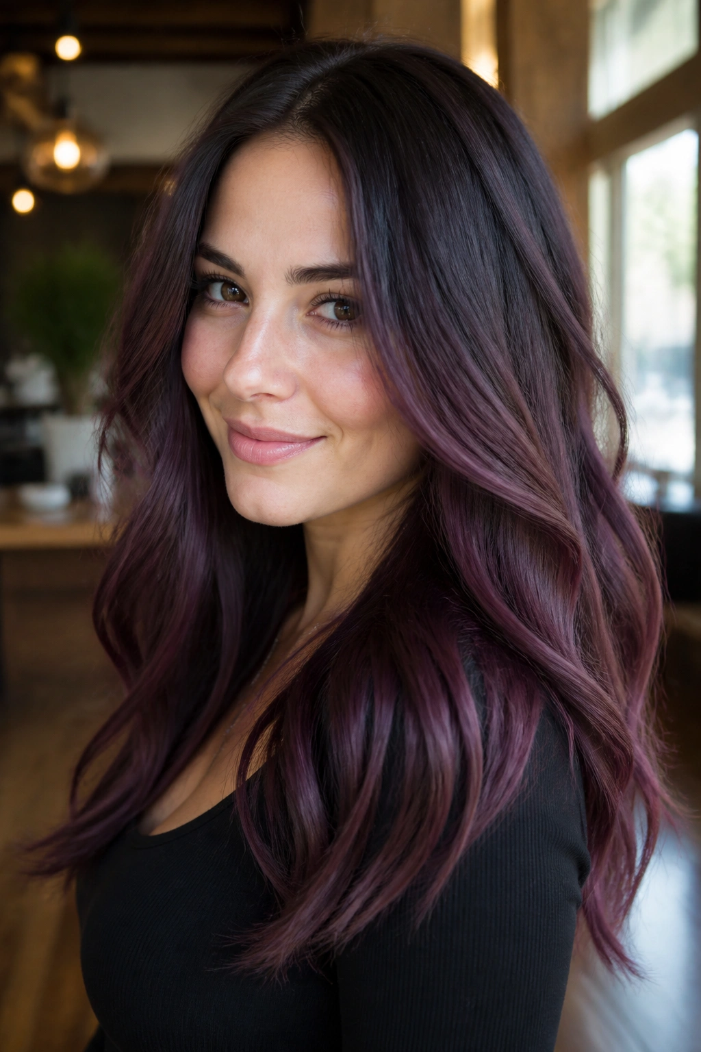 Close-up of rooted purple-brown ombré with dark roots fading to plum-brown