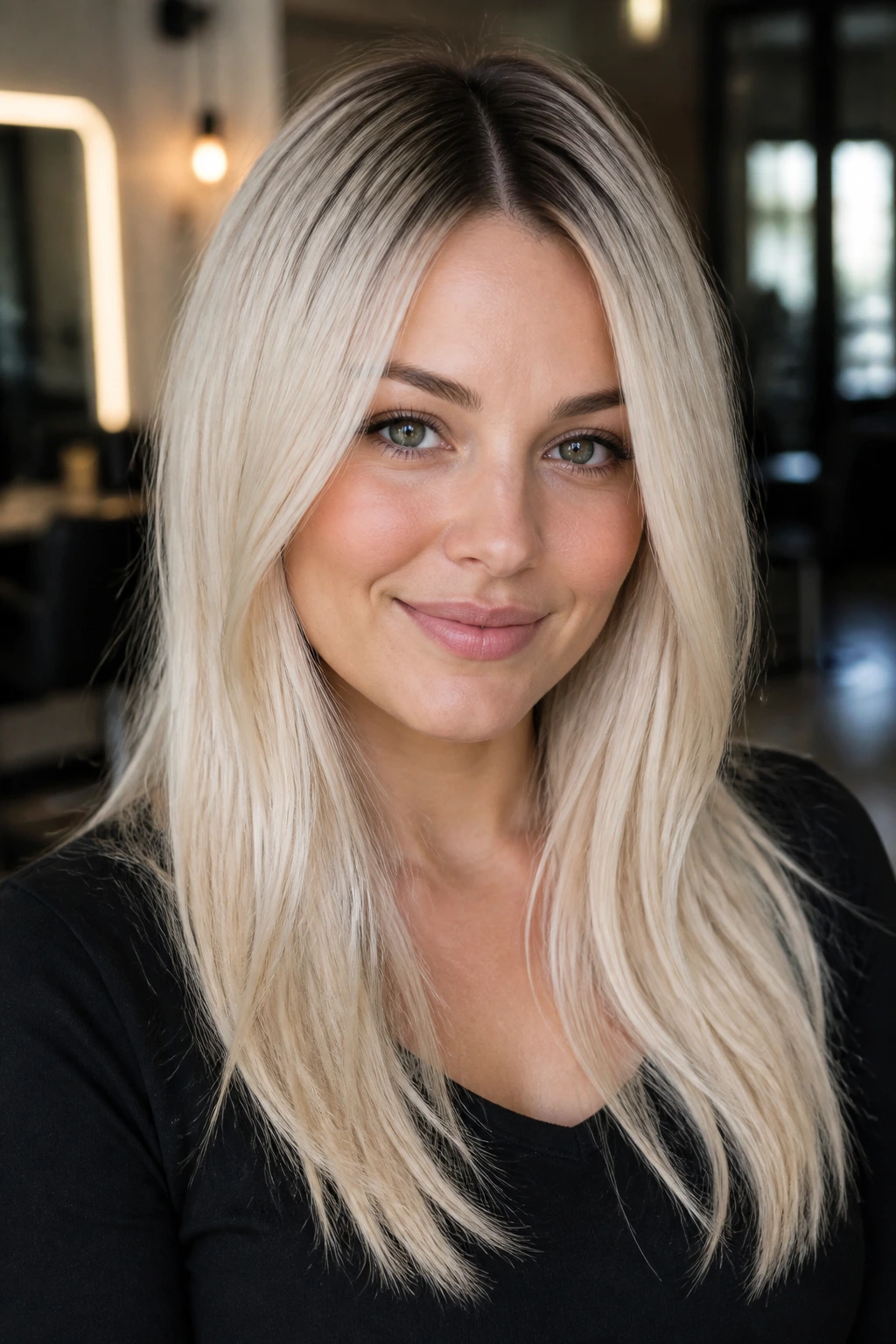Close-up portrait of a real person with rooted platinum blonde hair and longer ends, dark roots and pale lengths framing the face.