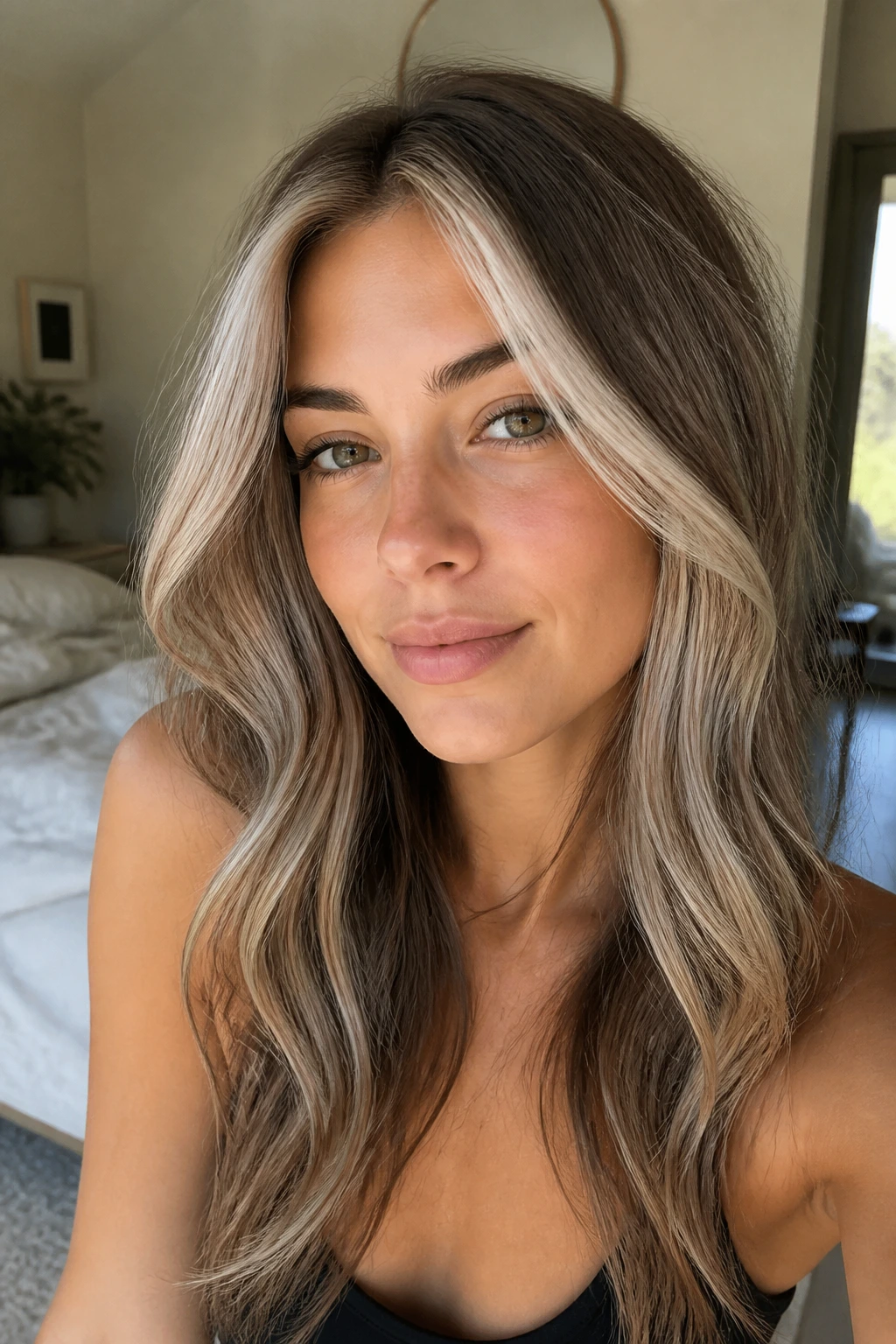 Close-up portrait of a real woman with rooted face-framing platinum highlights on brown hair and a soft grow-out