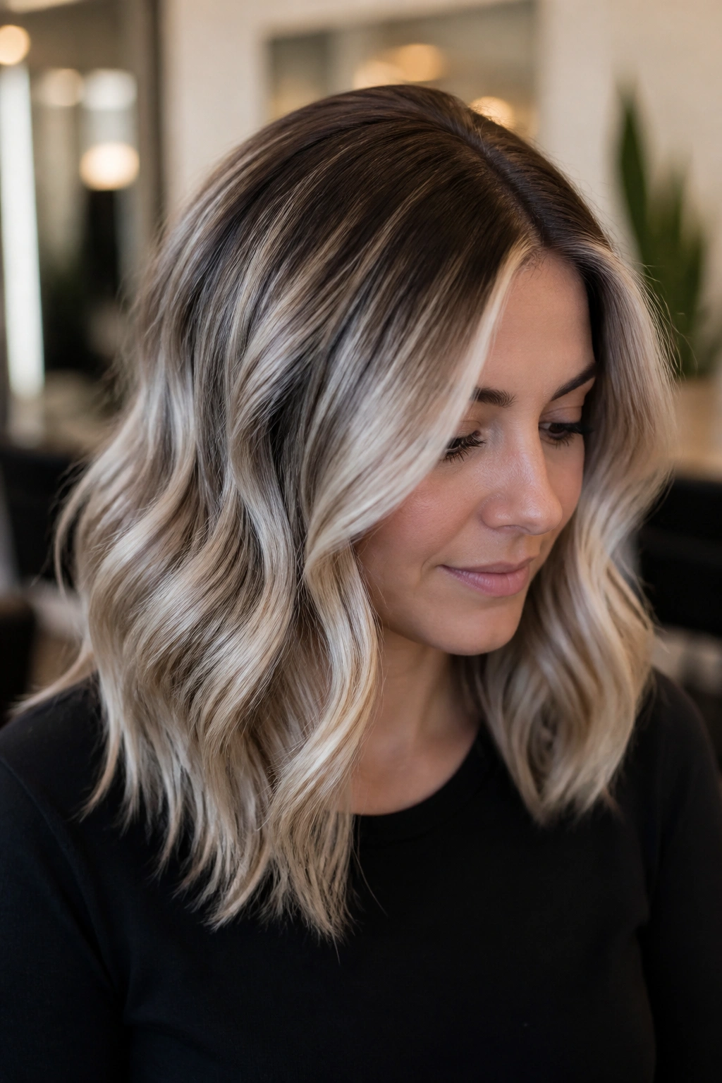 Close-up showing rooted platinum highlights with a shadow base on brown hair