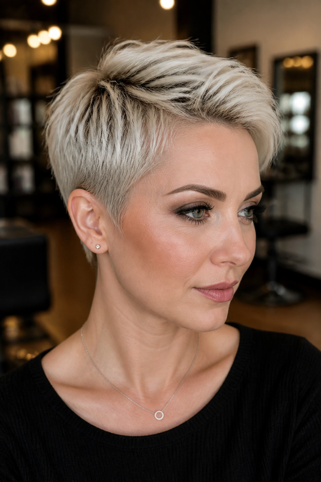 Close-up portrait of a real person with rooted platinum pixie and darker roots in a modern salon