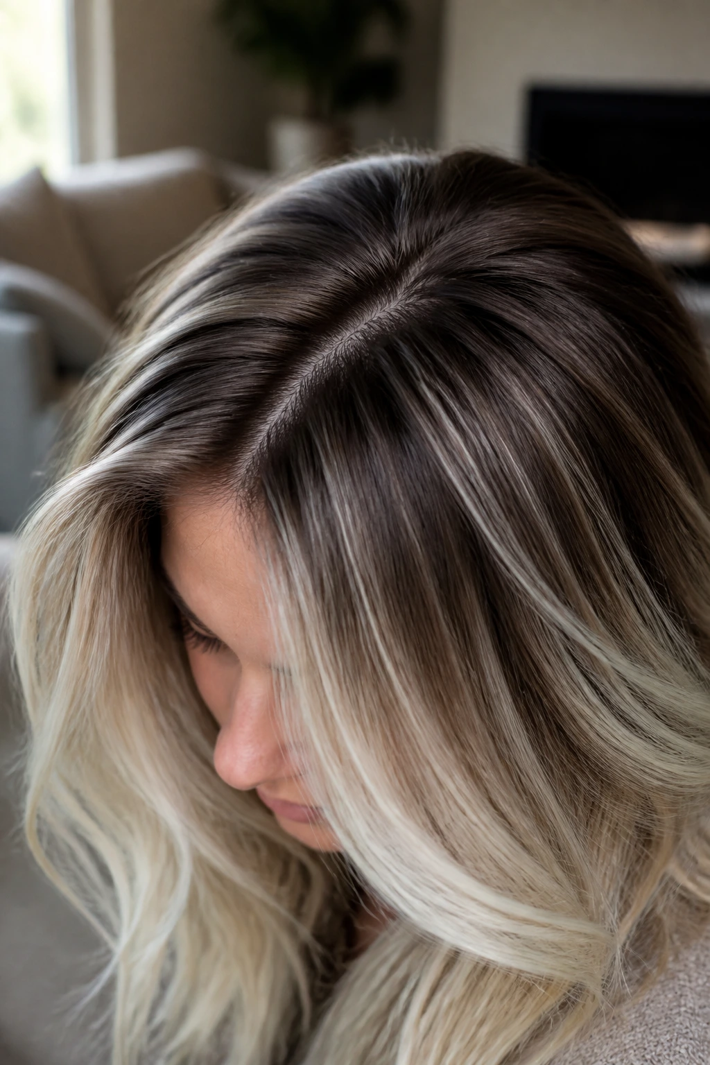 Rooted platinum highlights with shadow melt on brown hair close-up