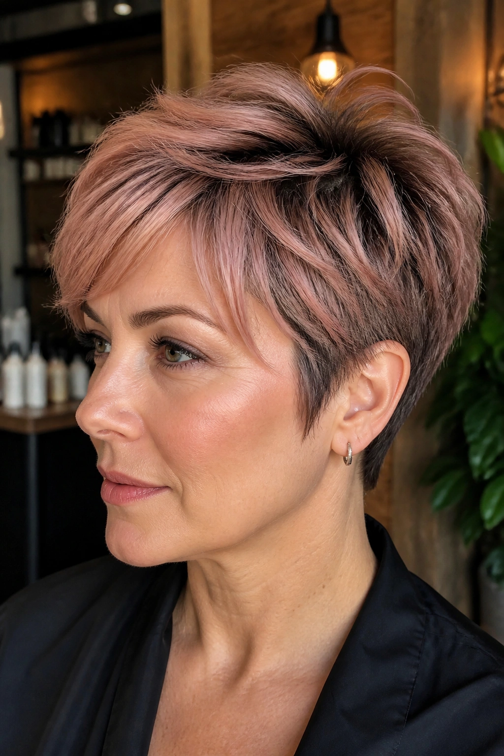 Real woman with rooted rose balayage pixie in stylish salon