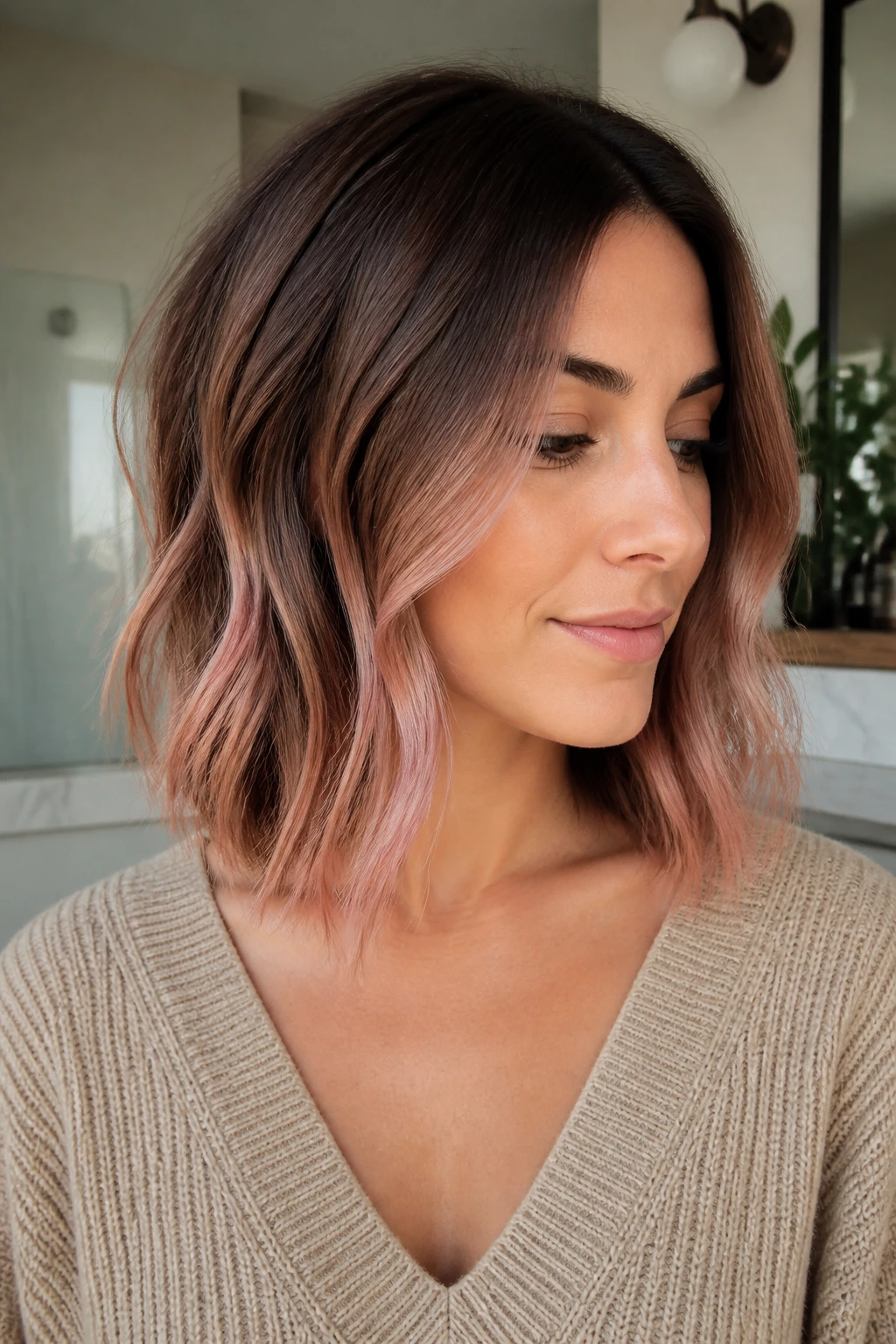 Close-up of real person with mid-brown lob and rooted rose melt in natural daylight