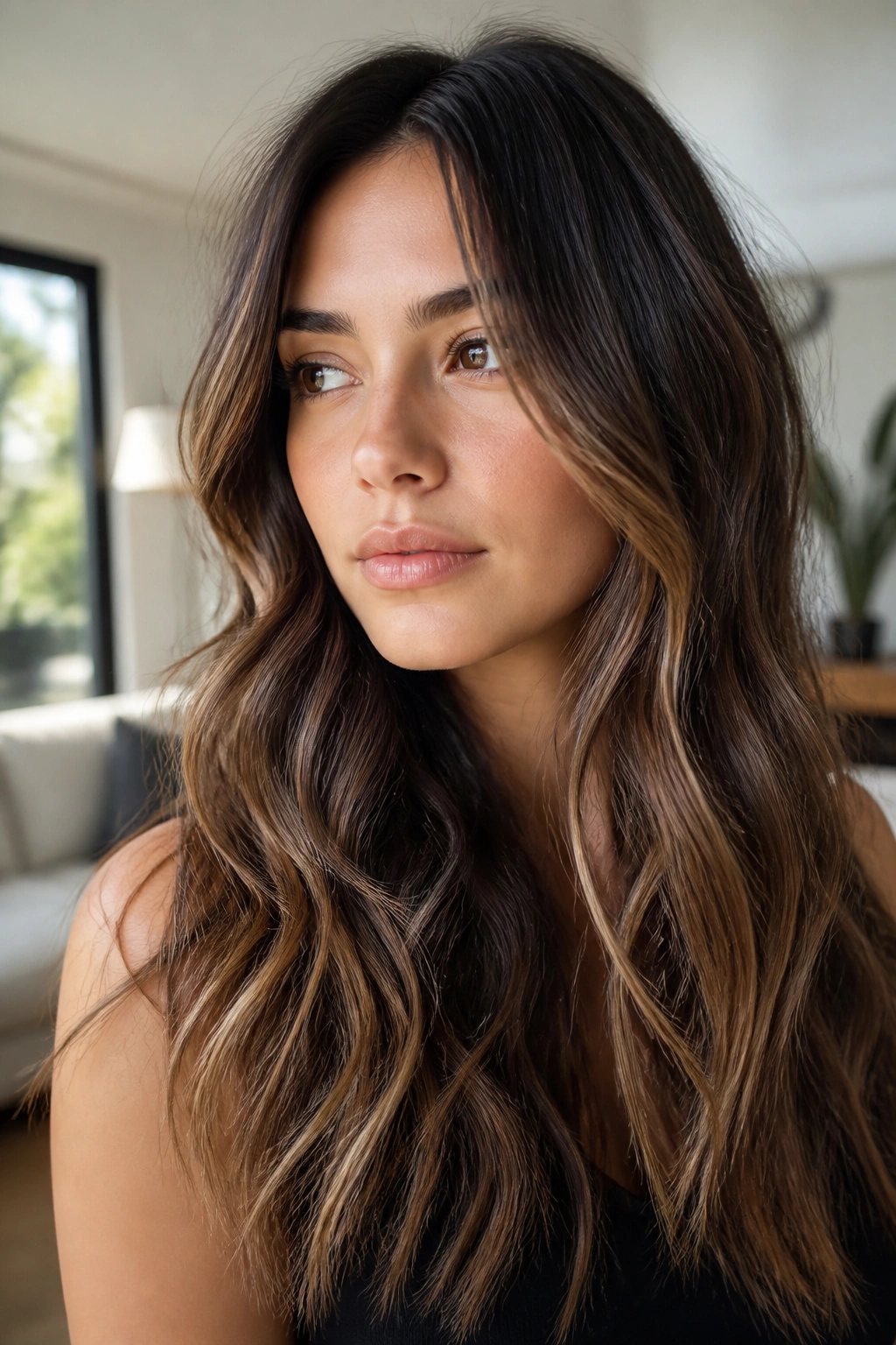 Portrait of a woman with rooted shadow brunette featuring dark crown and lighter front pieces