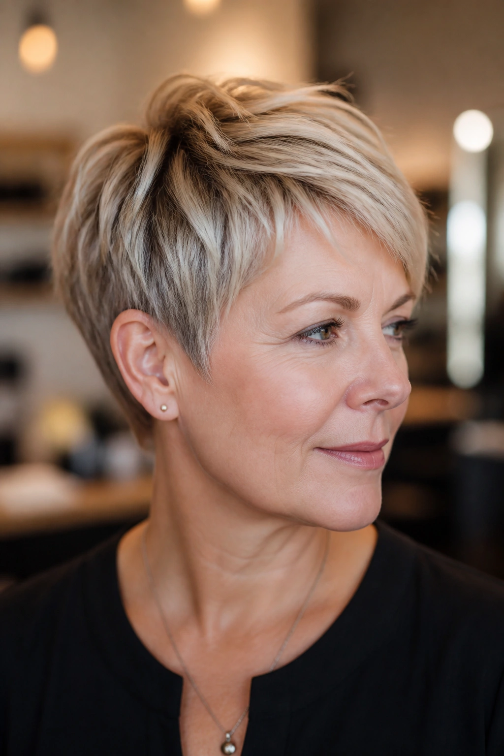 Portrait of a woman with rooted shadow-dimension blonde pixie with darker roots and lighter ends.