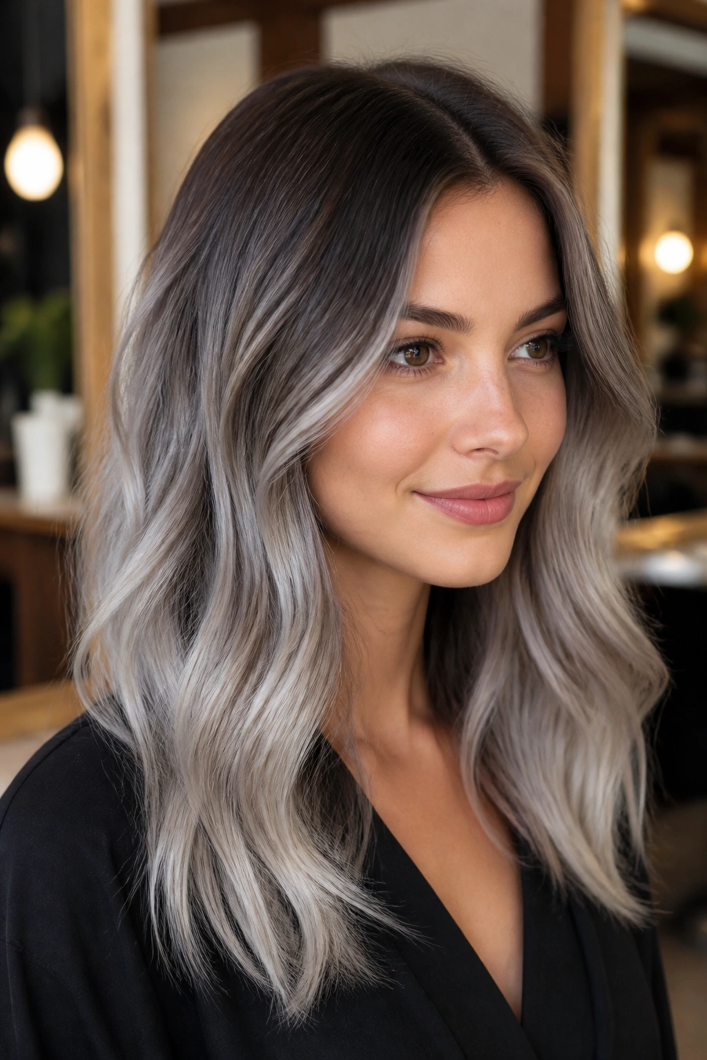 Close-up portrait of a real person with rooted silver balayage, dark roots fading to silver
