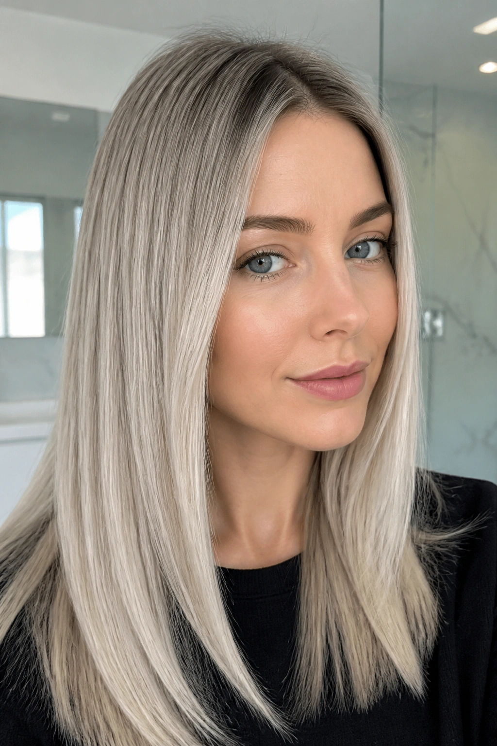Close-up of a real woman with straight rooted silver blonde hair and sleek shine.