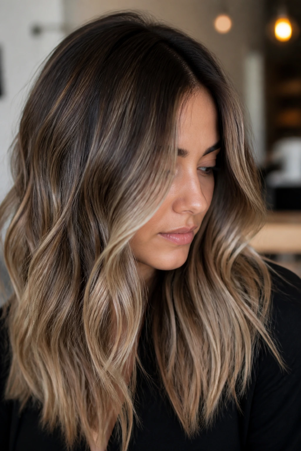 Close-up portrait of a woman with rooted smoky bronde and shadow root