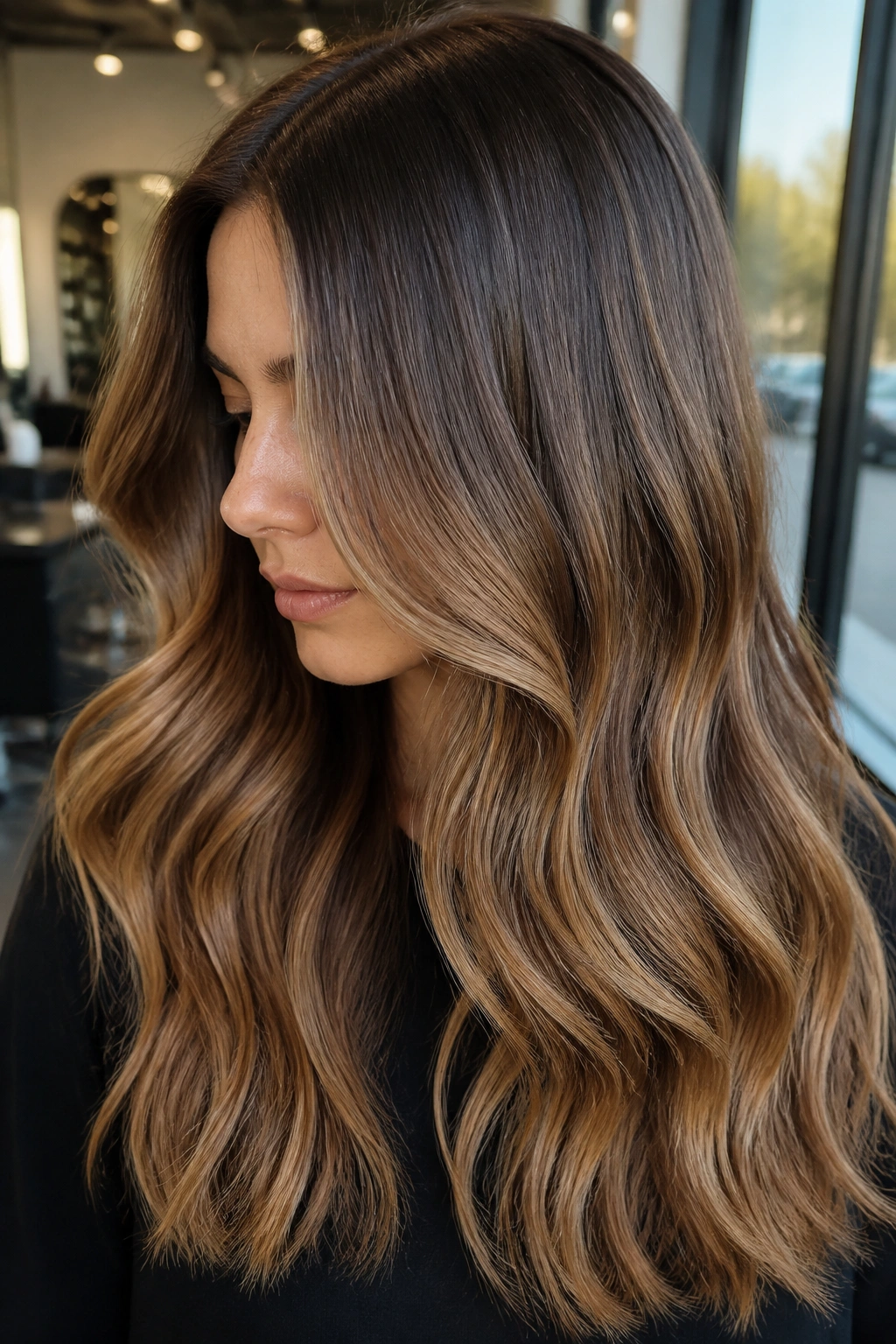 Close-up of rooted smoky caramel melt on brunette hair