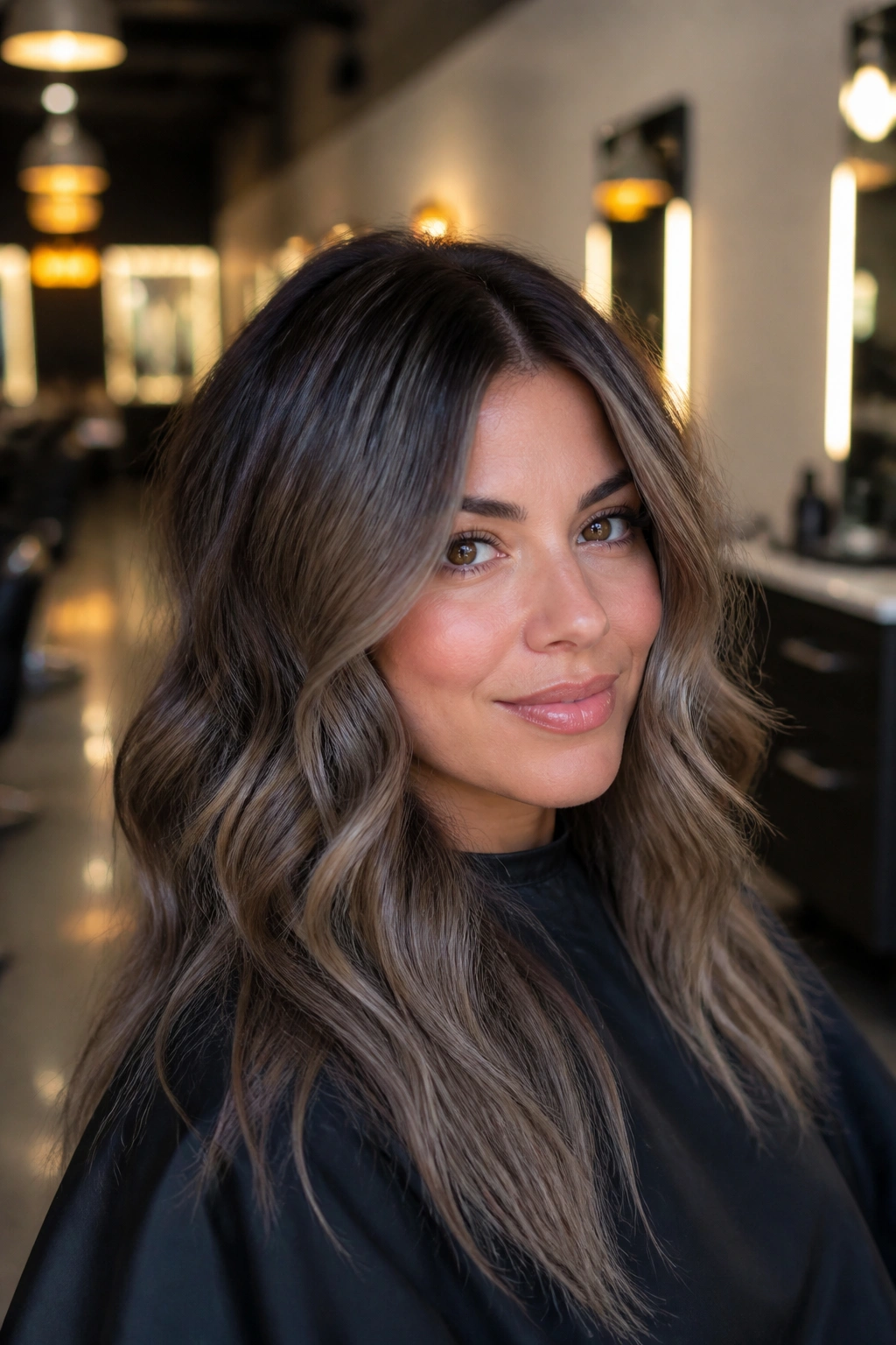 Close-up showing rooted taupe highlights with a deep shadow at the crown