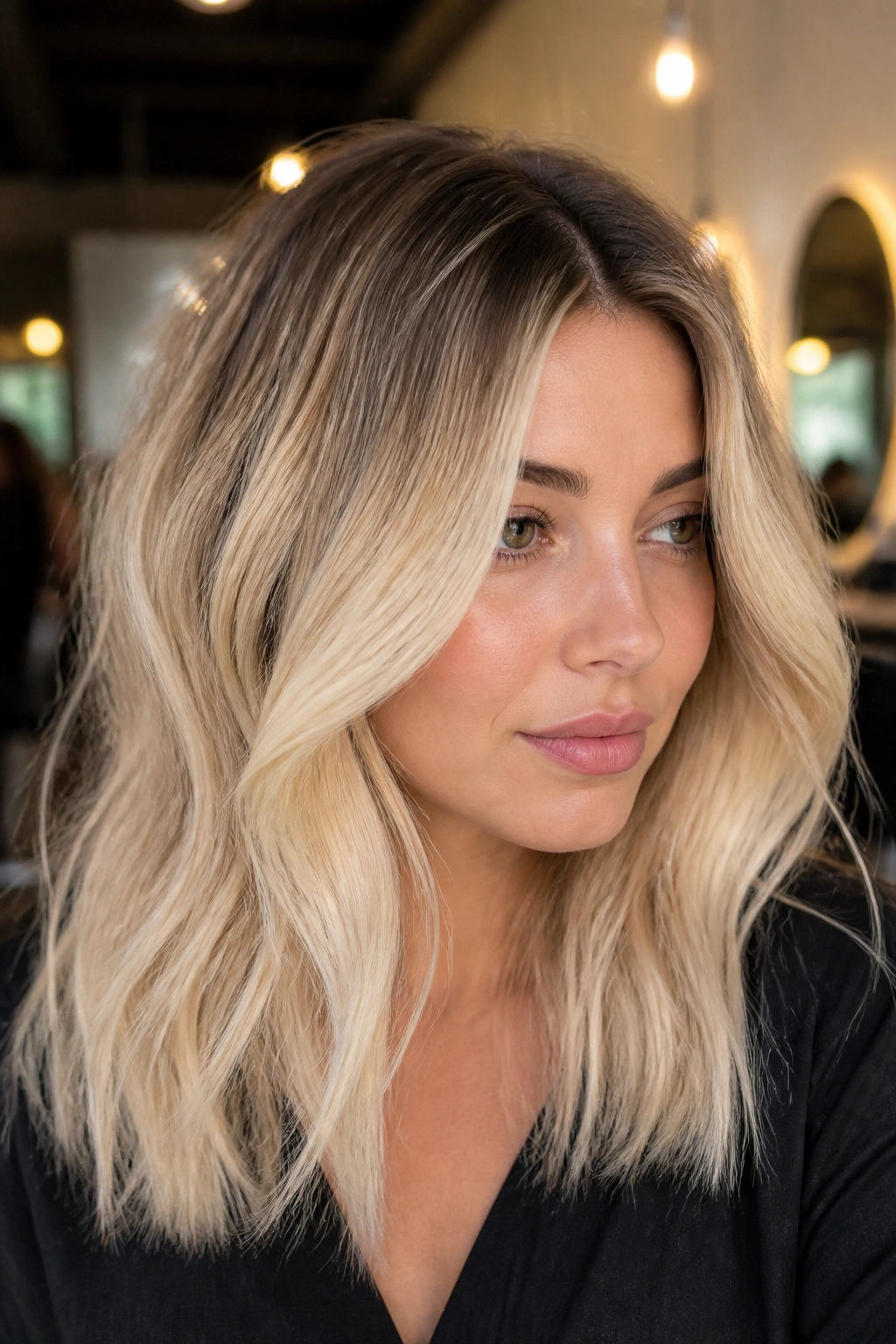 Close-up of a woman with rooted vanilla butter blonde with soft root shadow