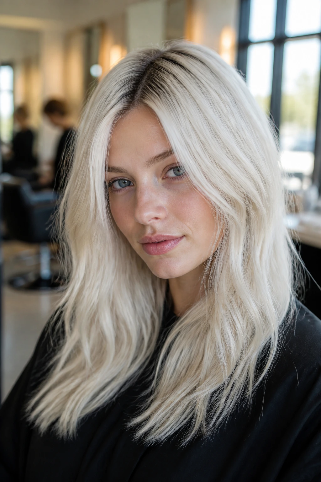Close-up portrait of a real person with rooted white blonde hair and a darker root