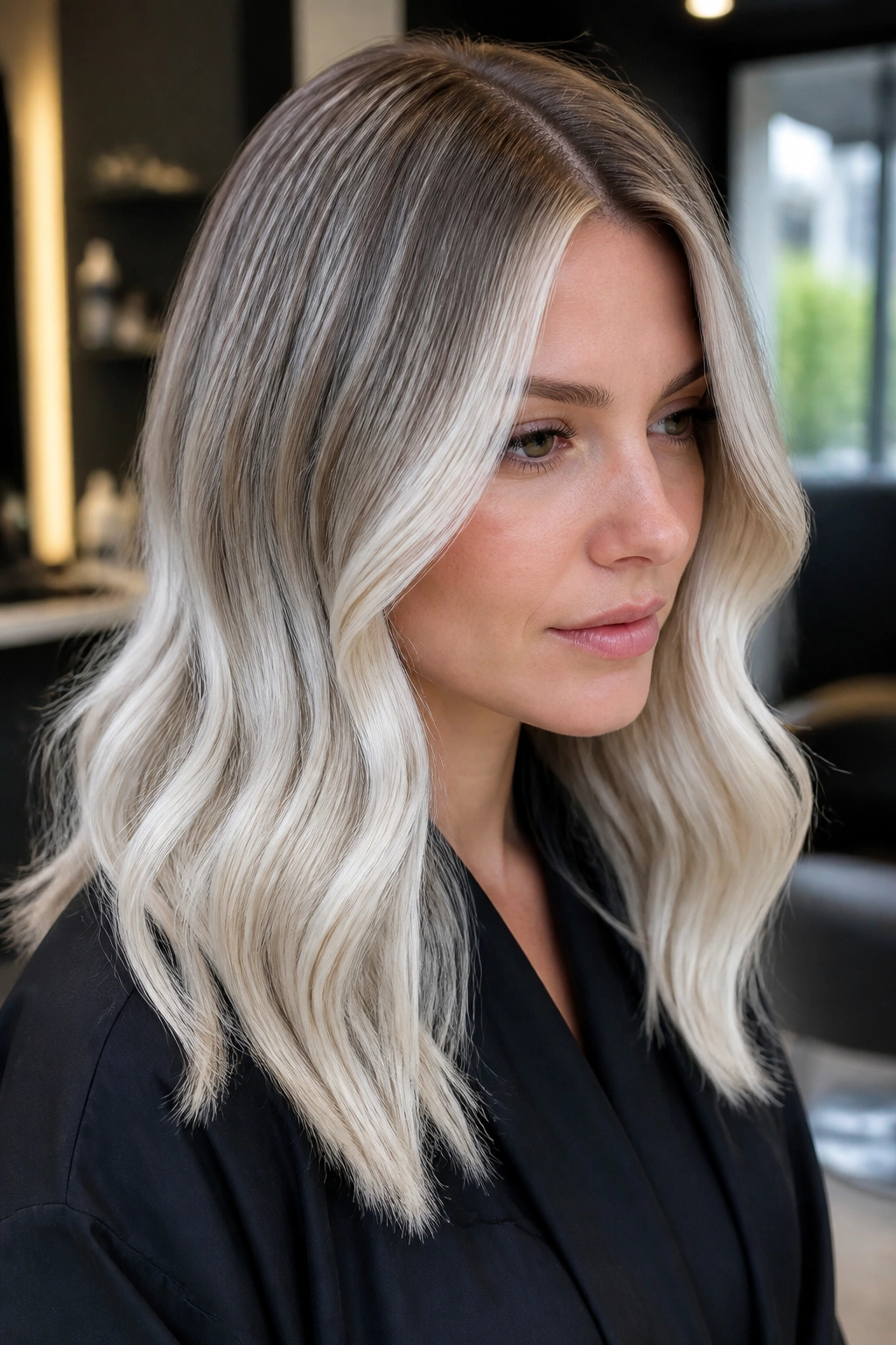 Close-up portrait of a real woman with rooted white blonde and smoky melt.