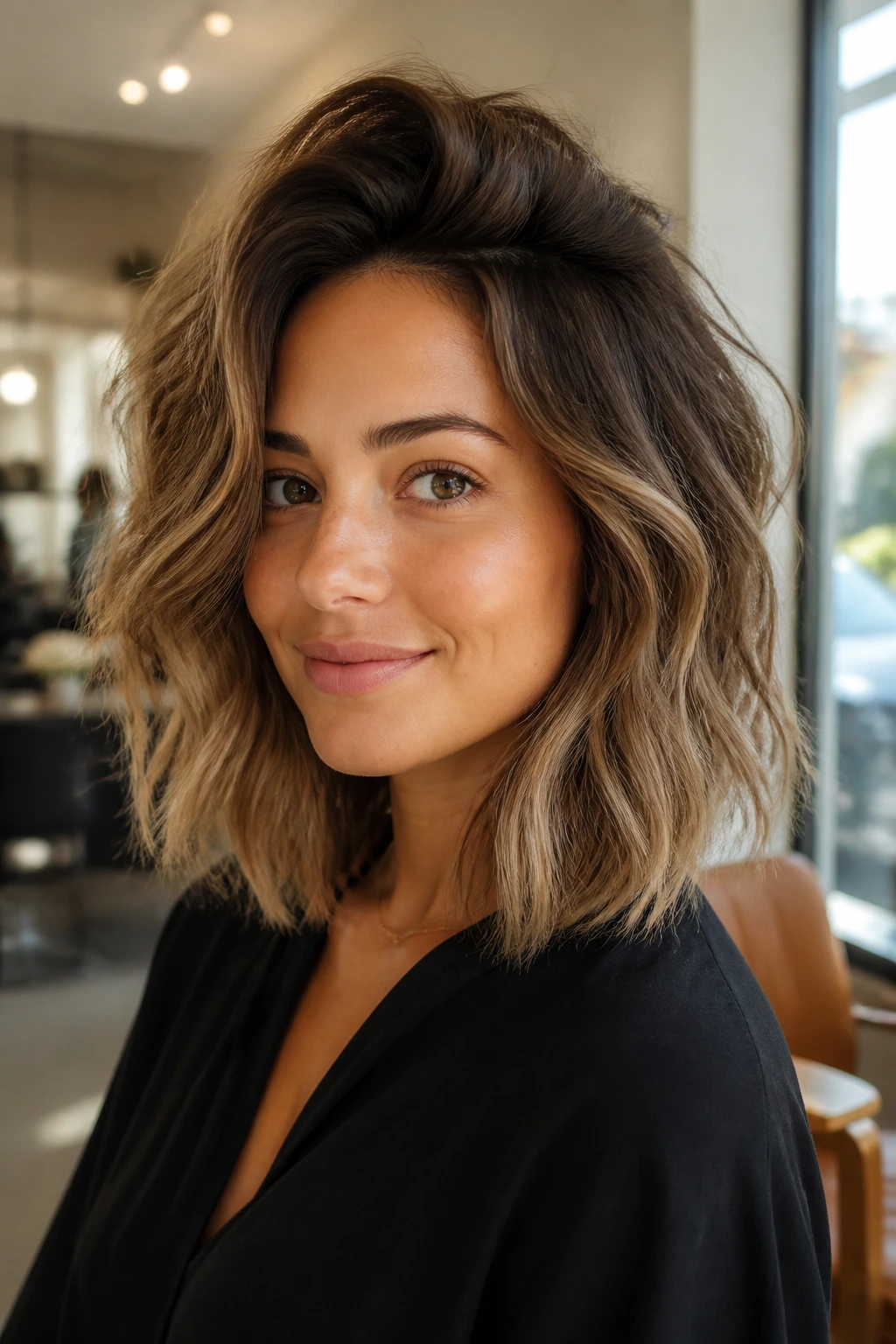 Close-up of a real woman with a crown-lifted Root-Lift Wavy Lob and loose waves in a sunlit salon