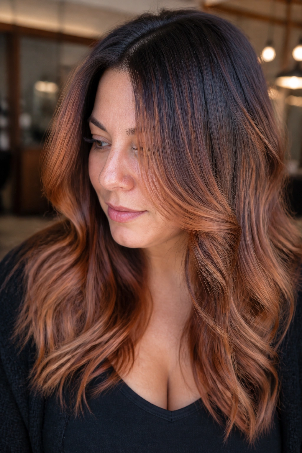 Close-up of a real woman showing rooty copper balayage and soft transition.