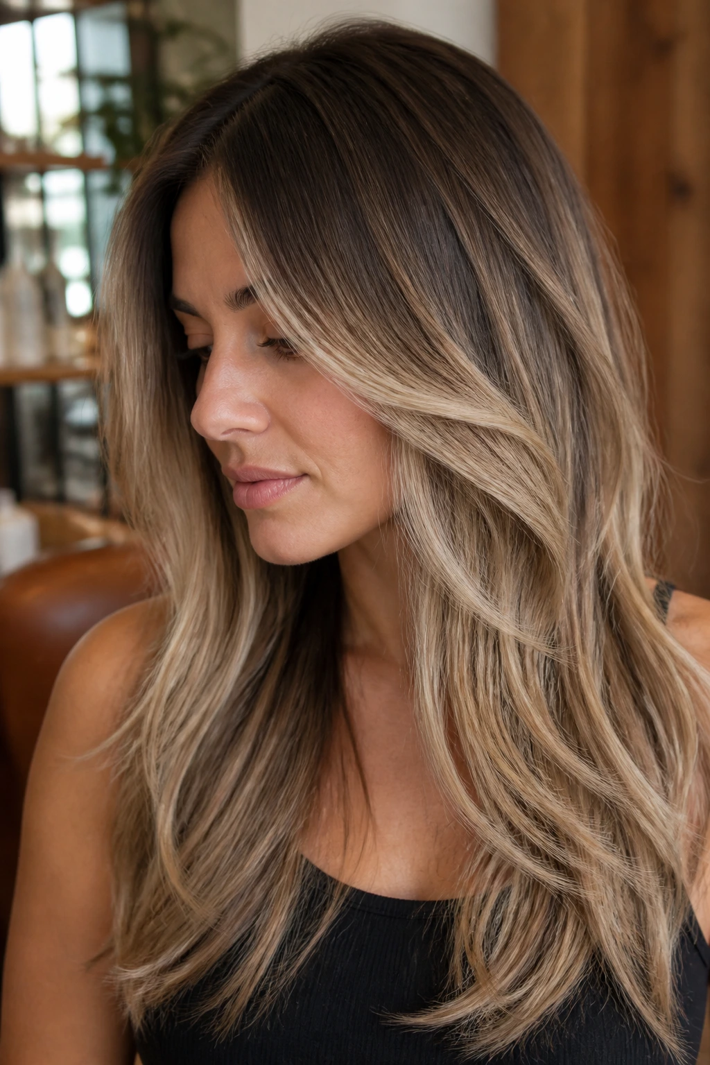 Close-up portrait of a real woman with rooty beige blonde balayage on long layered hair