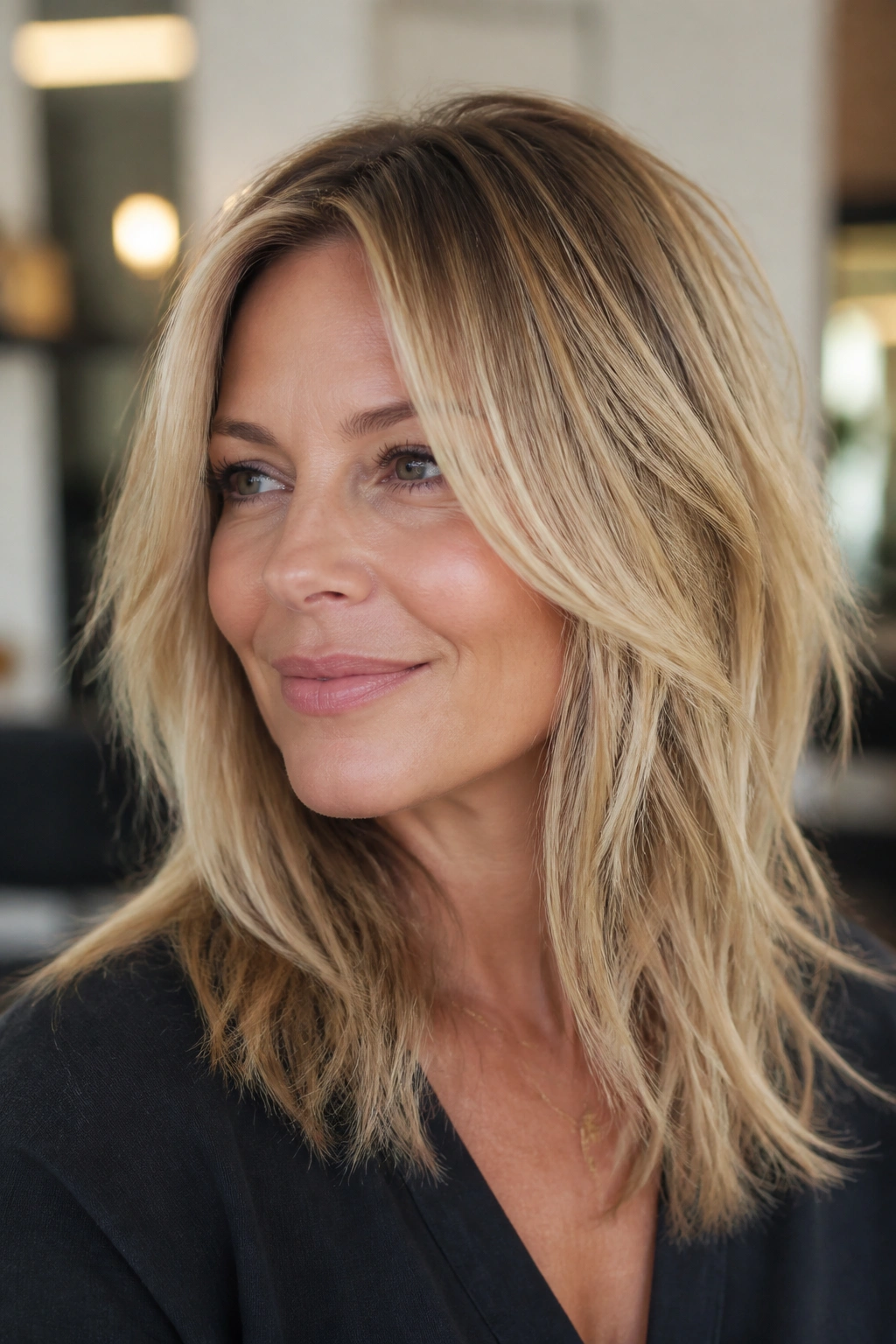 Close-up portrait of real woman with rooty blonde cut and scattered light layers, natural dimensional hair