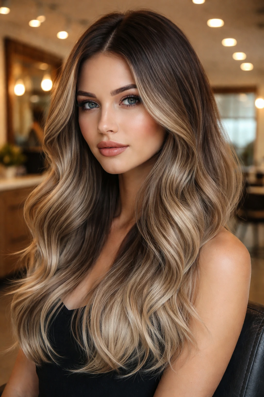 Close-up portrait of a real person with dark roots fading to ash blonde hair