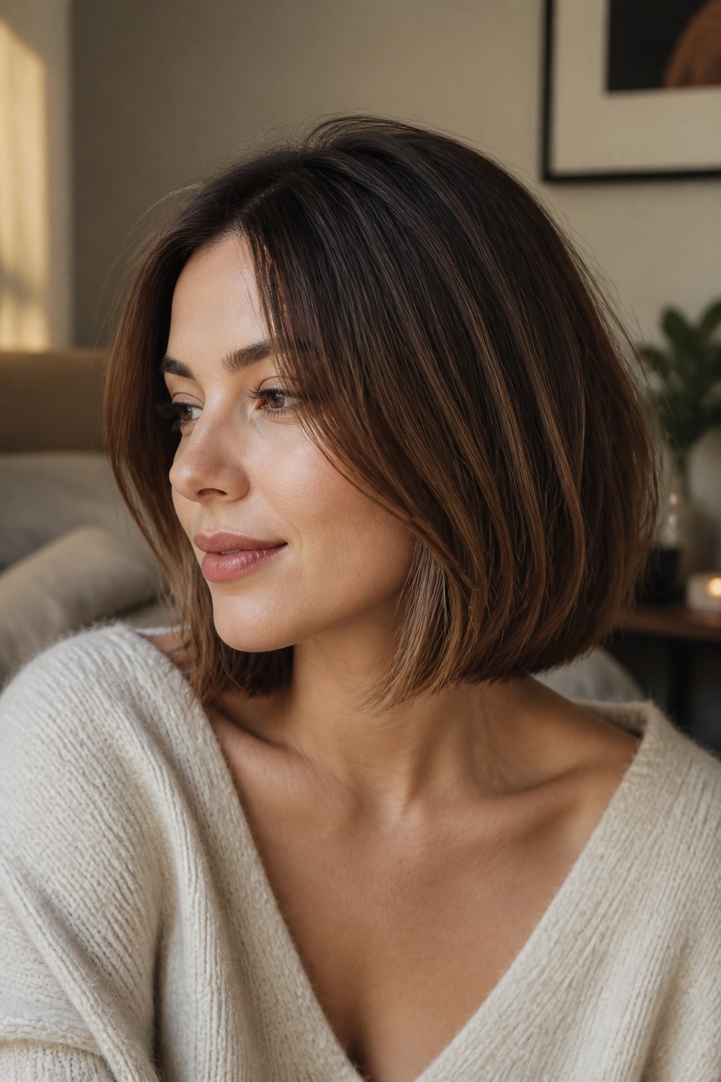 Close-up of a real woman with a rooty brown bob and soft grow-out.