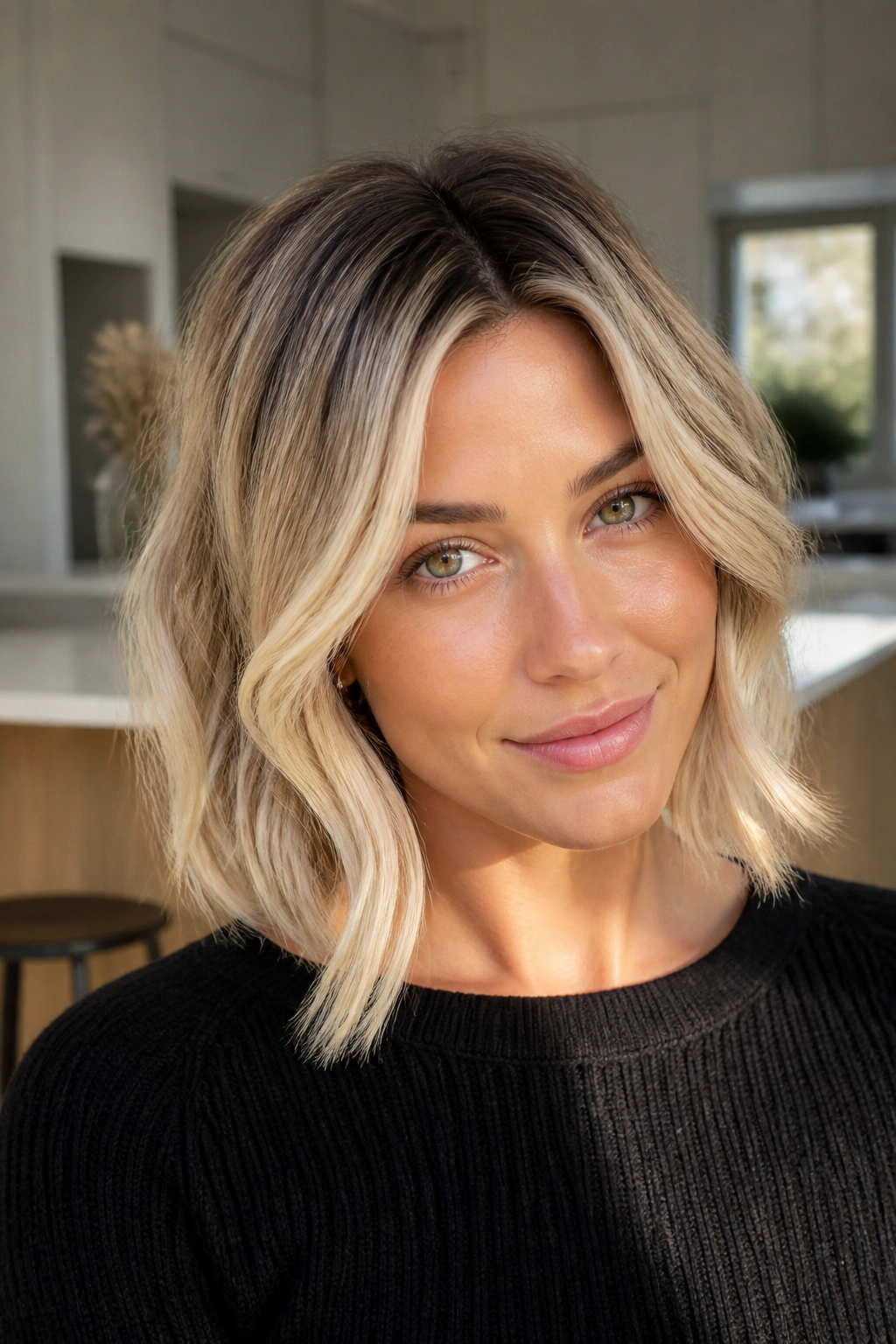 Close-up of a real woman with a root-shadowed butter blonde bob and layered depth.