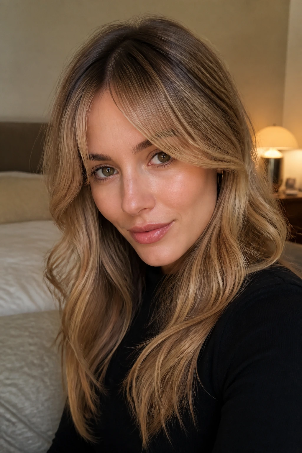 Close-up of a real person with Rooty Caramel With Curtain Bangs hair.