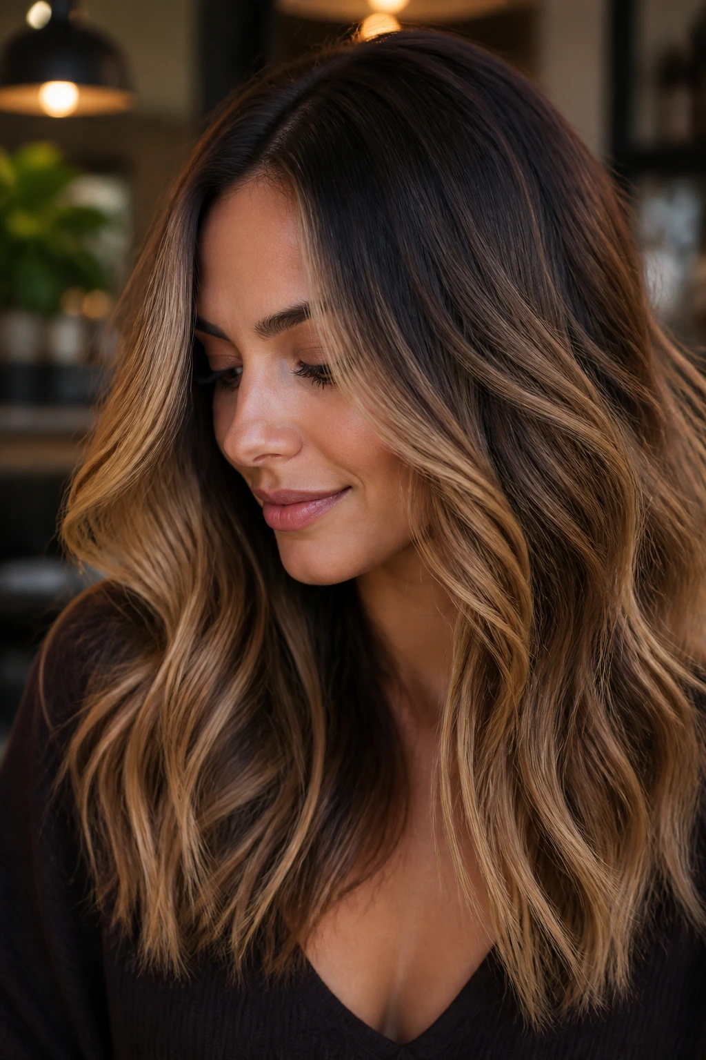 Close-up of a real woman with rooty honey balayage and soft shadow root in salon lighting
