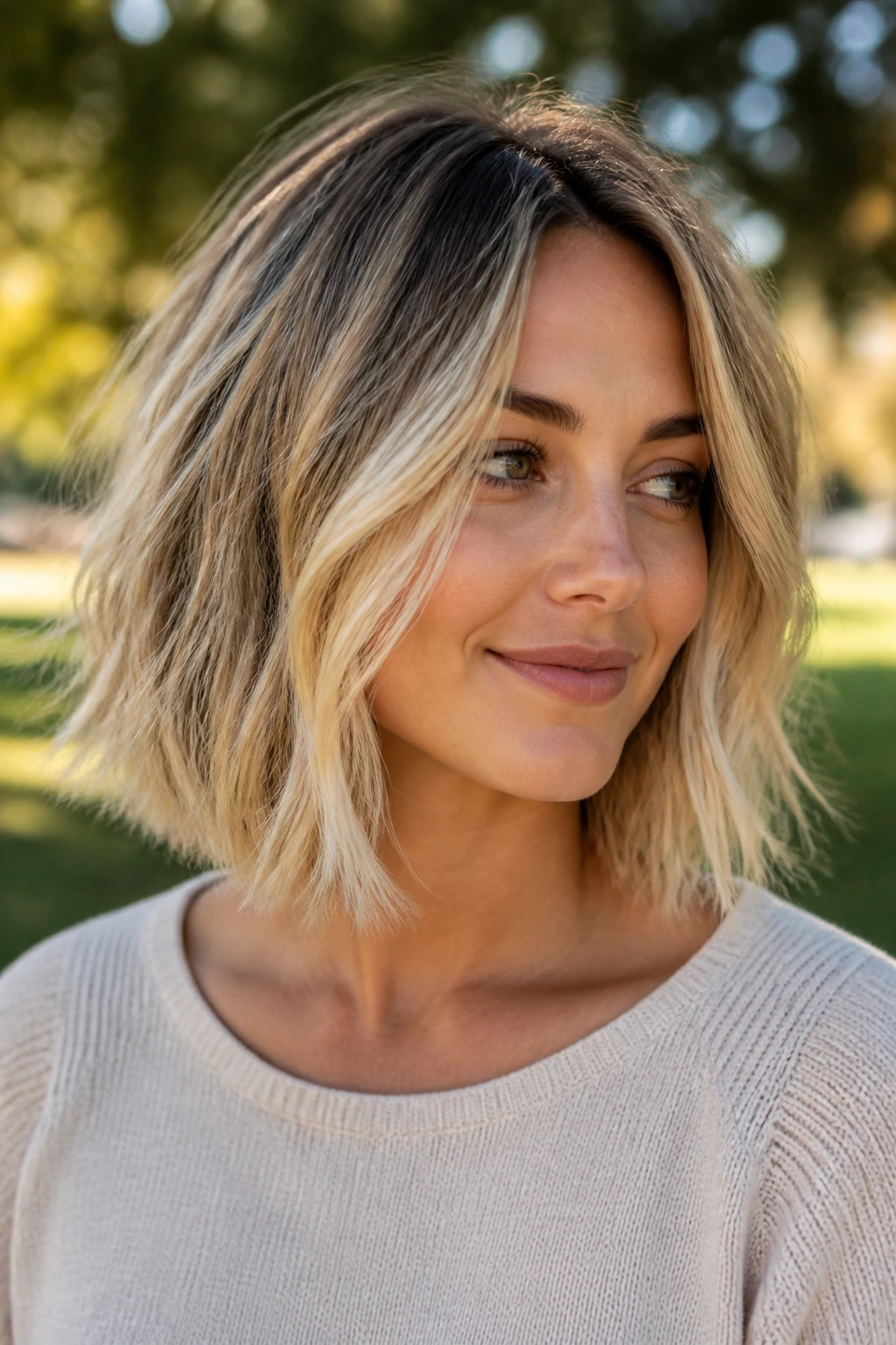 Portrait of a real woman with a rooty lob between jawline and collarbone in park light