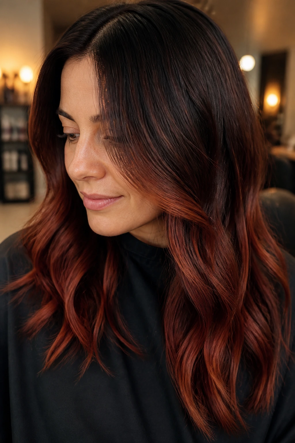 Close-up of dark roots melting into mahogany copper melt on hair