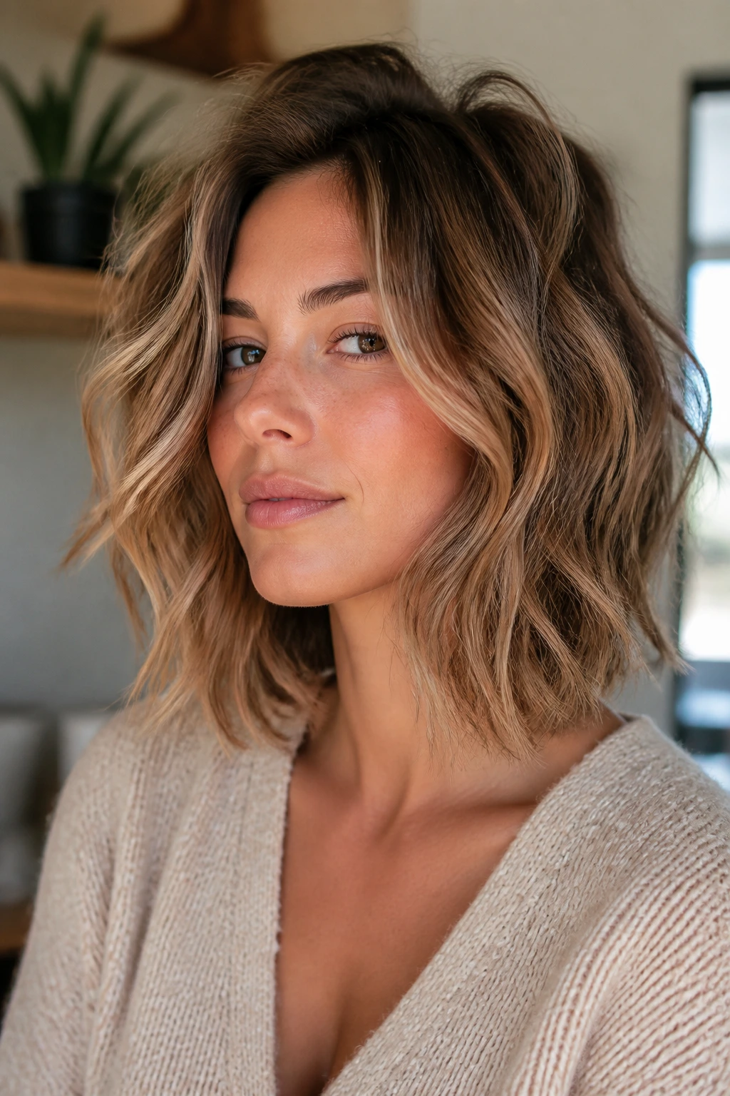 Close-up of real woman with rooty wavy lob and air-dried ends in home light