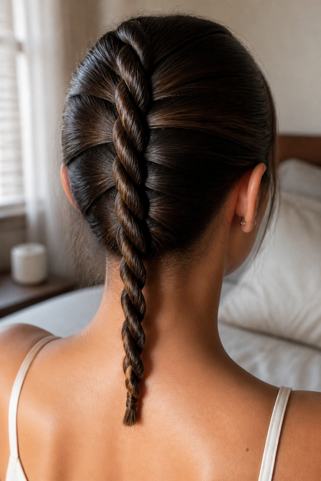 Back view of a real woman with a rope braid down the back.