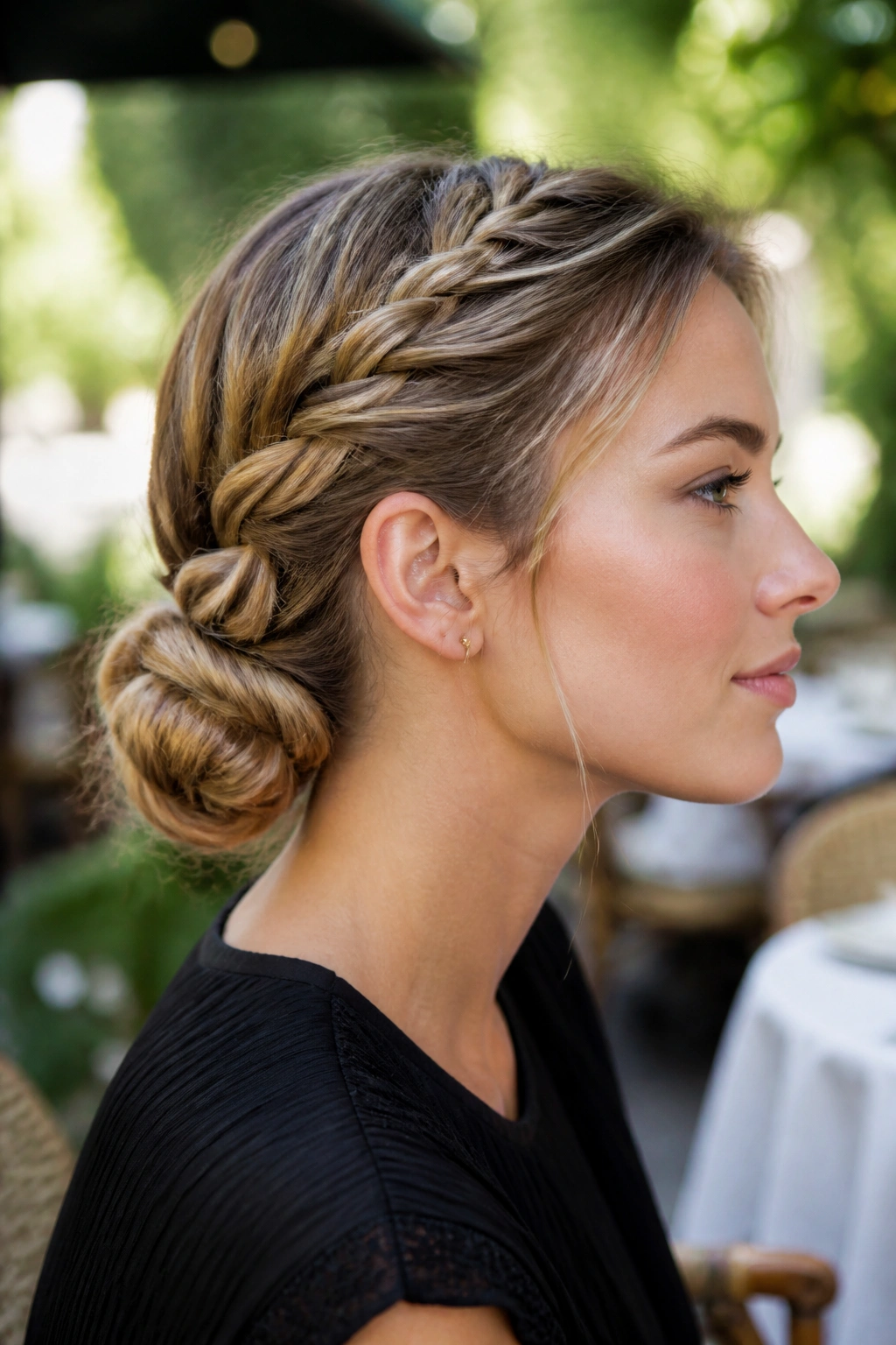 Side profile of woman wearing a rope-braid bun at the nape