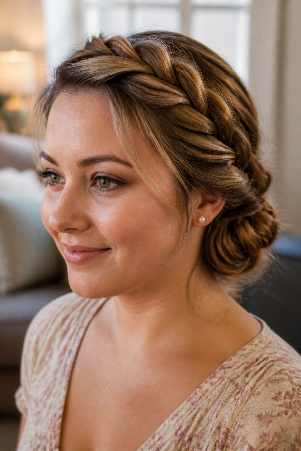Close-up of rope-braid bun off to the side on a real woman