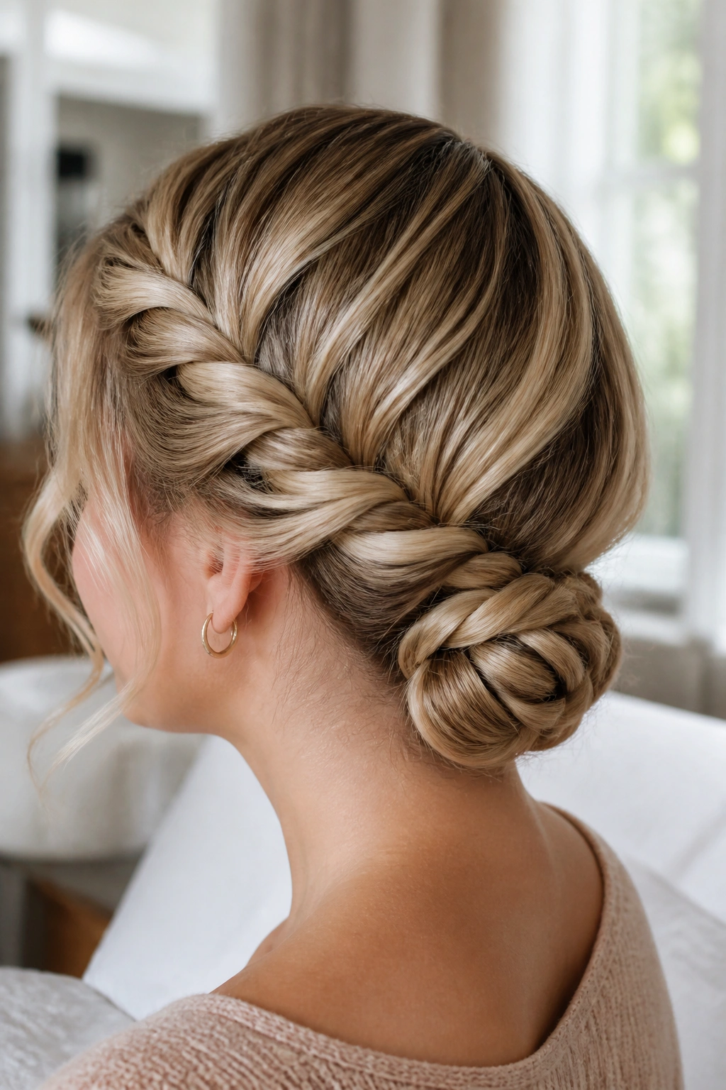 Close-up portrait of a real woman with a rope-braid low bun at the nape in a sunlit bedroom
