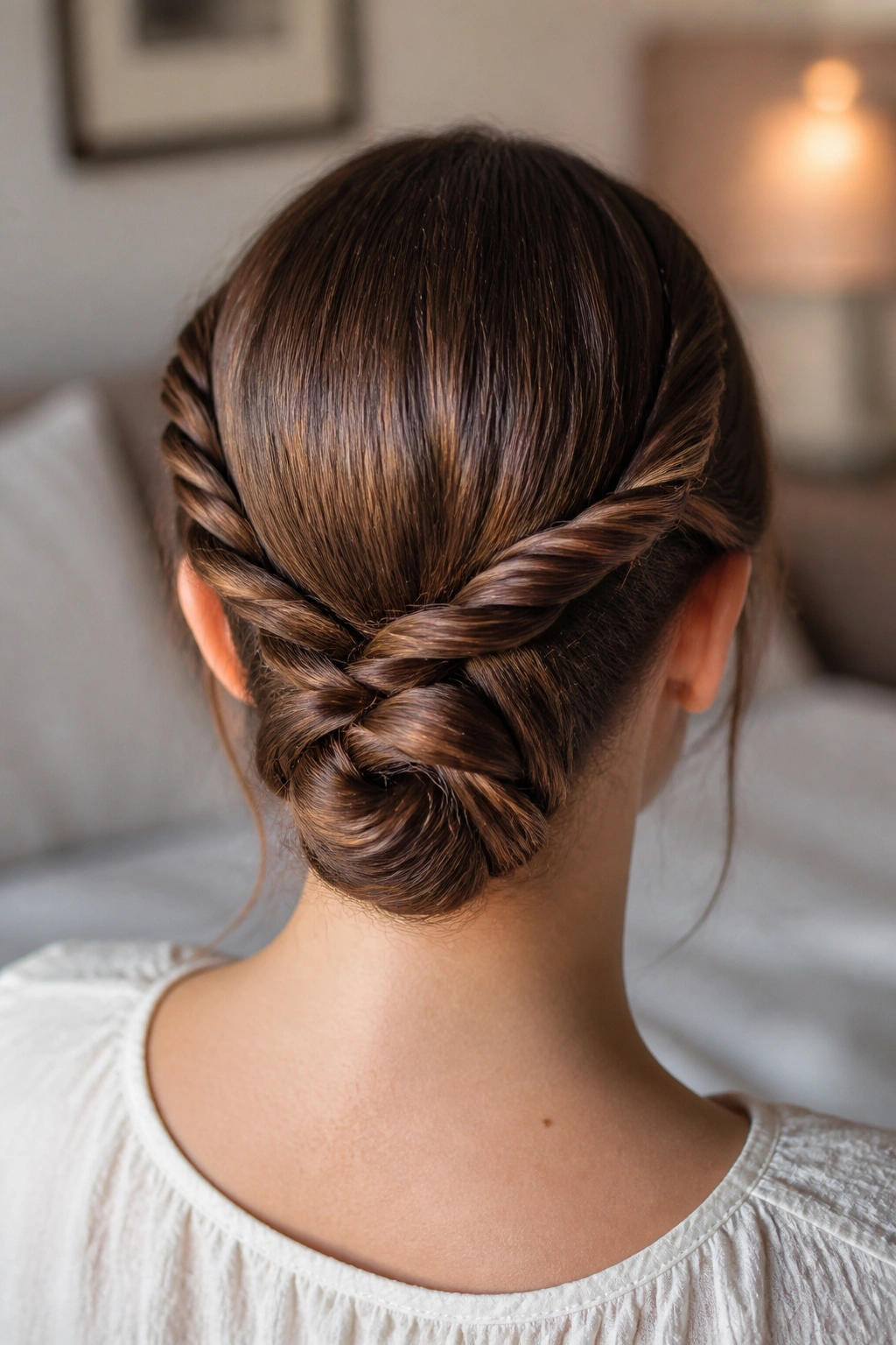 Back-of-head close-up showing rope-braid bun at nape