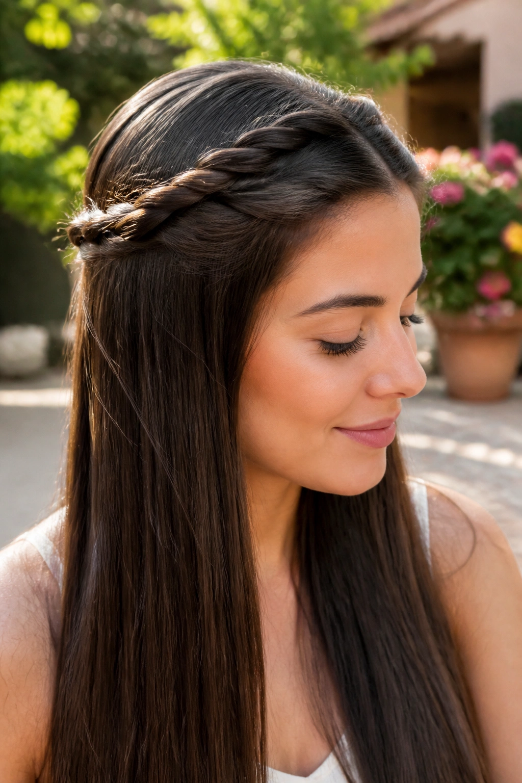 Real woman's head with rope braid half-up crown in outdoor garden