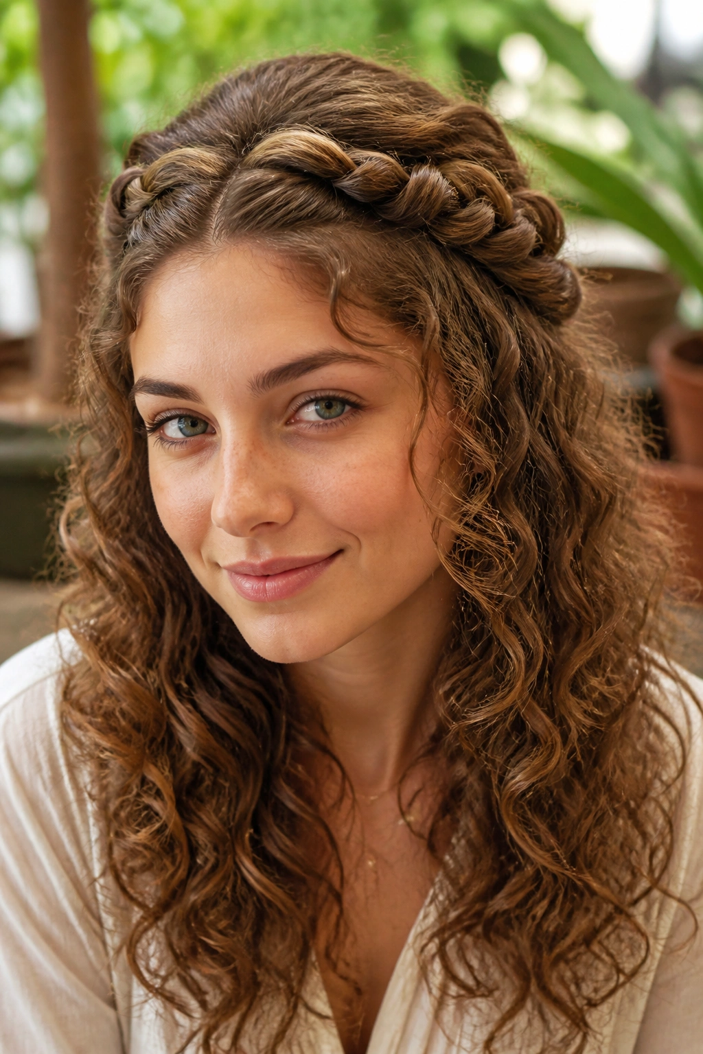 Close-up portrait of a real person with two rope twists forming a crown at the front