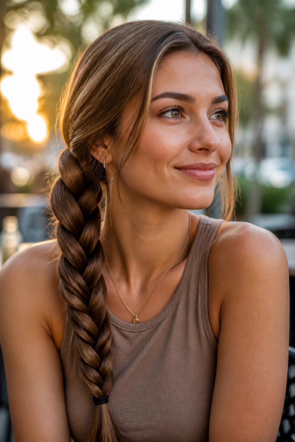 Close-up of a real woman with a rope braid over the shoulder in golden hour light