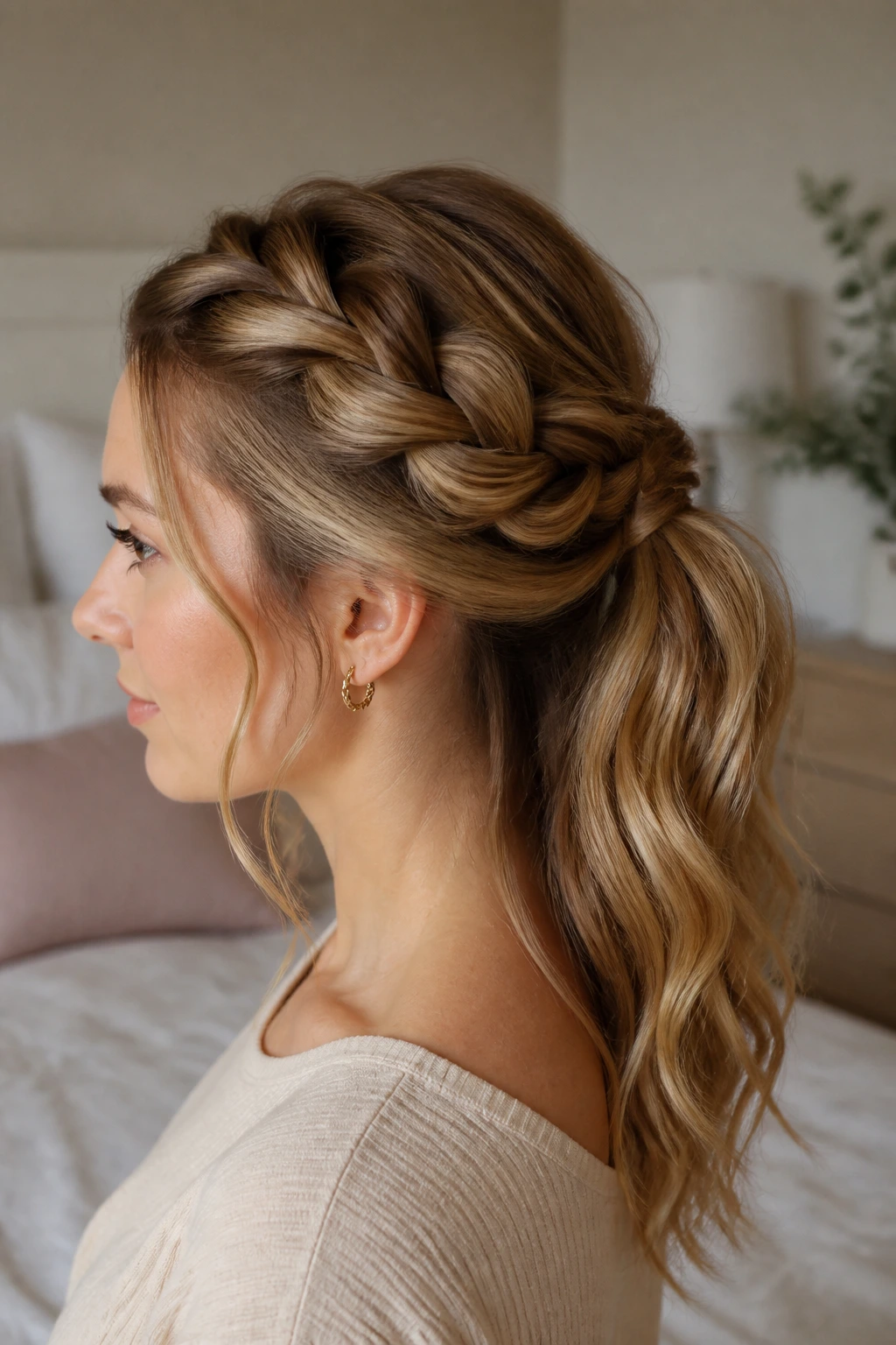 Profile of a real person with a rope-braid half pony showing chunky width.