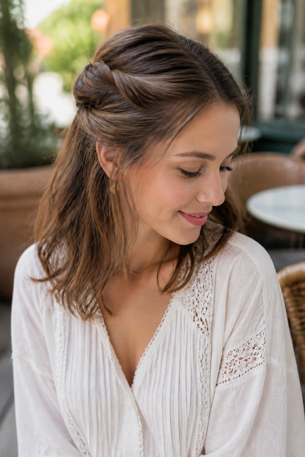 Portrait of a woman with a rope-braid half-up hairstyle in a sunlit garden