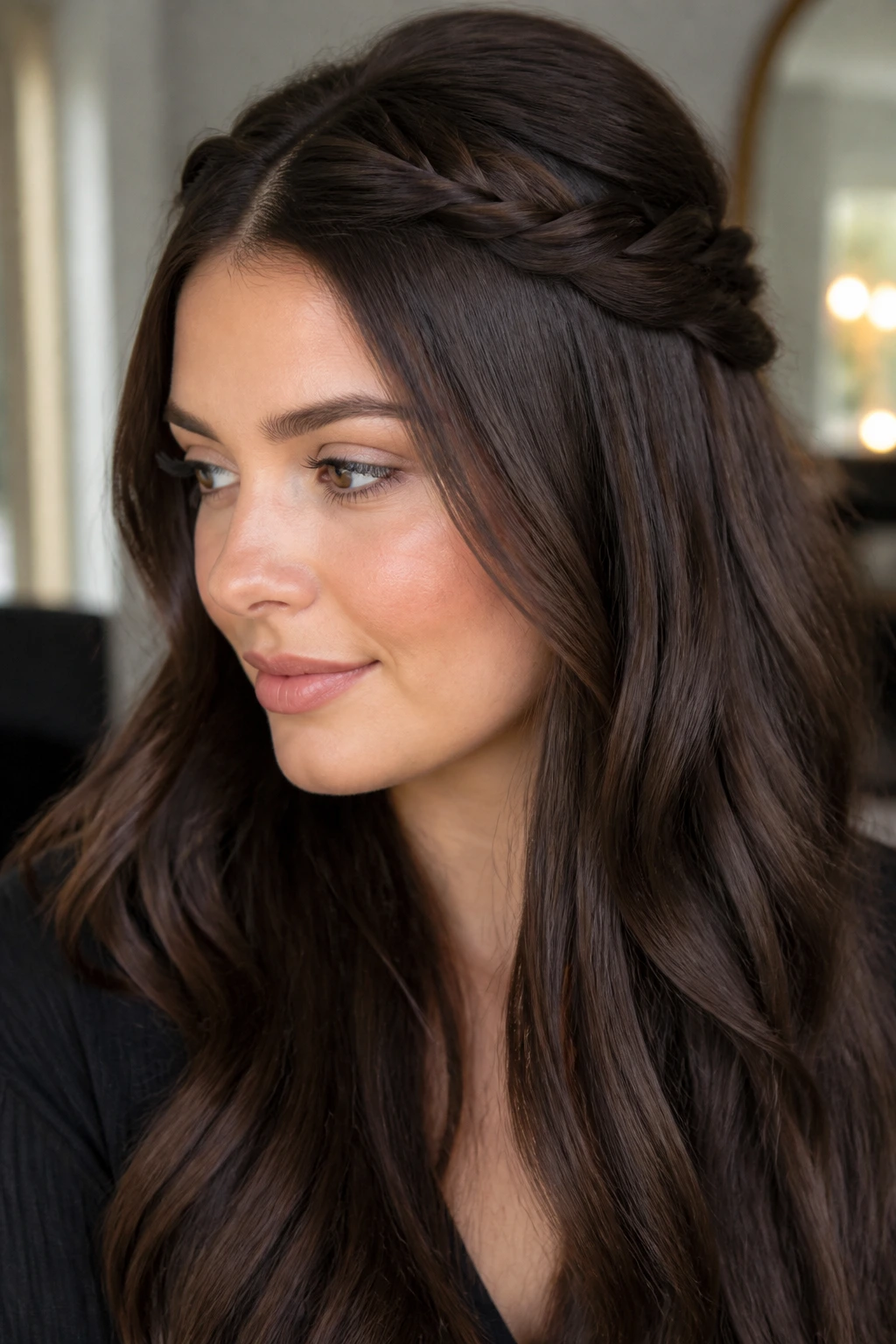 Real woman with rope braid half-up on glossy chocolate lengths