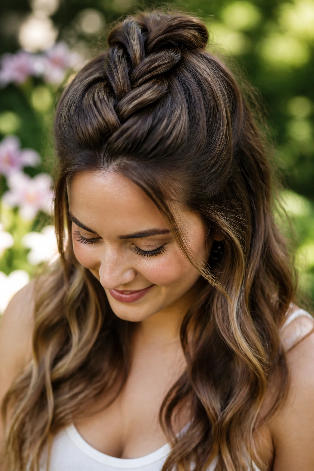 Close-up of a real woman with a rope braid half-up and hair down